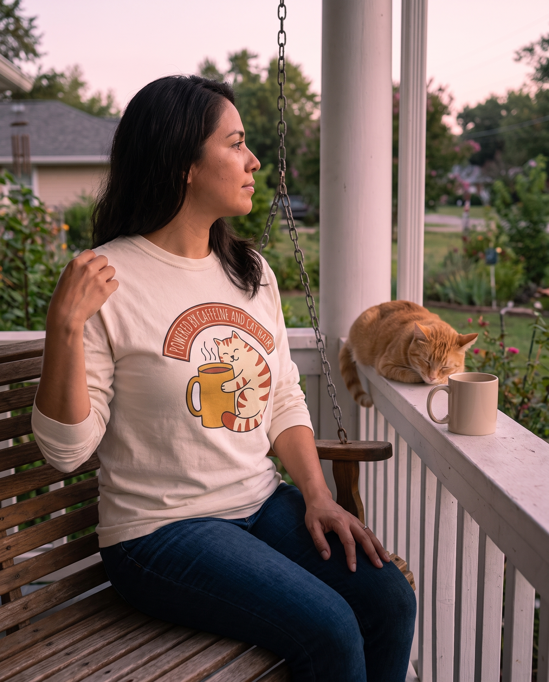 Woman on a porch swing at dusk in the Cat Coffee Powered by Caffeine and Cat Hair long sleeve in Ivory, print fully legible, cat asleep on the rail
