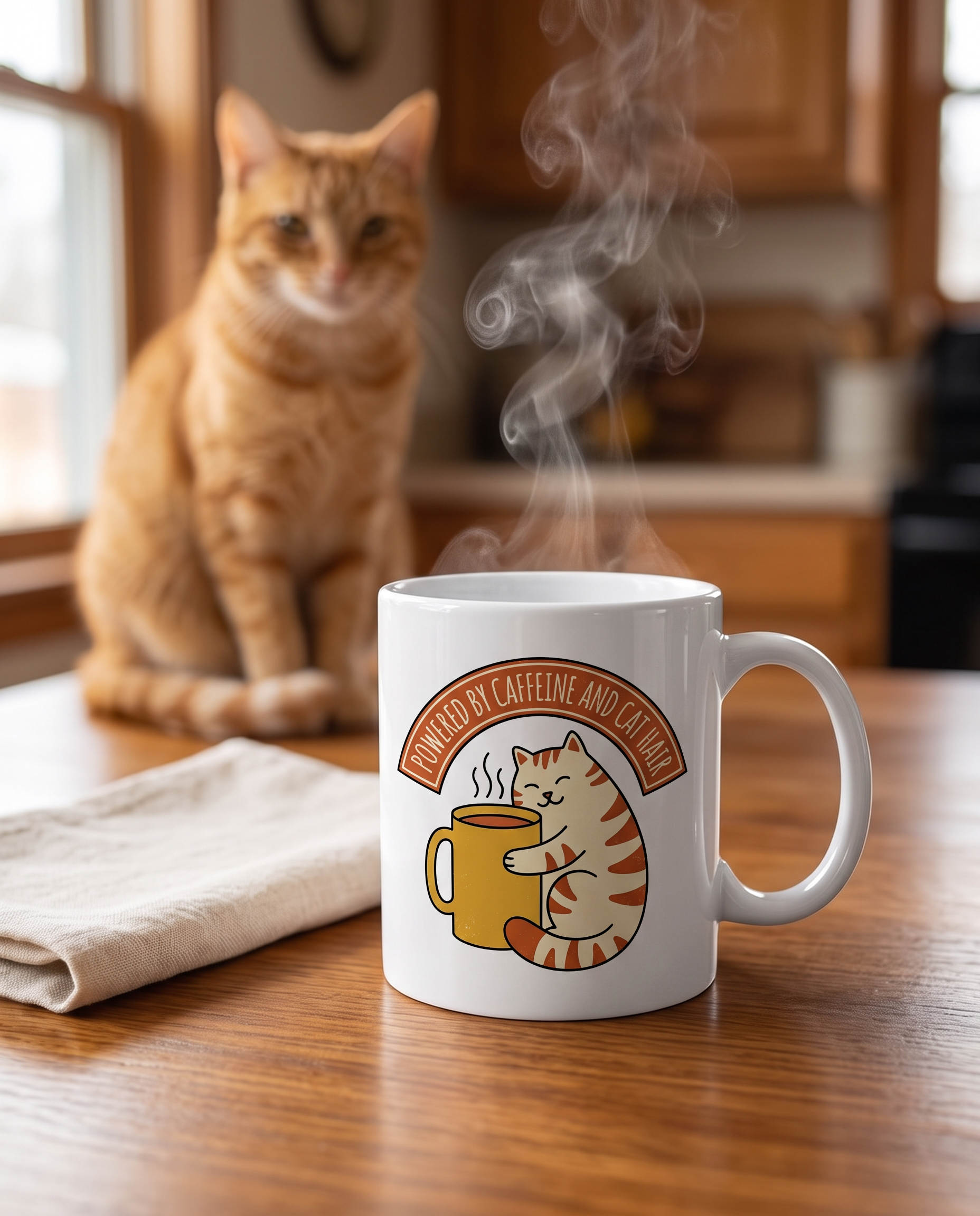 Cat Coffee Powered by Caffeine and Cat Hair 11oz white mug on a kitchen table with a tabby cat behind, whole design visible on the face