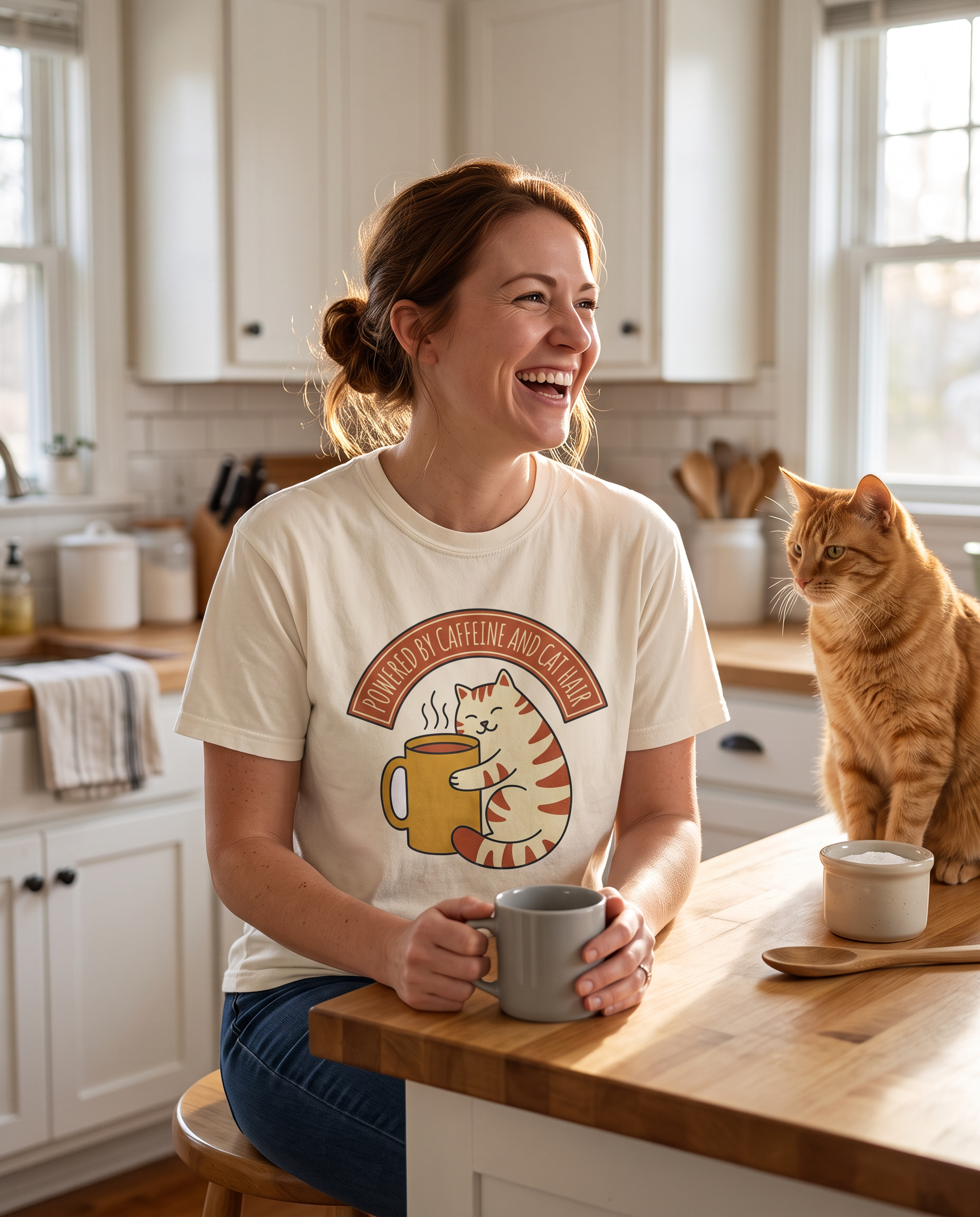 Woman laughing at a sunlit kitchen counter in the Cat Coffee Powered by Caffeine and Cat Hair tee in Ivory, banner and cat print fully legible, tabby cat on the counter