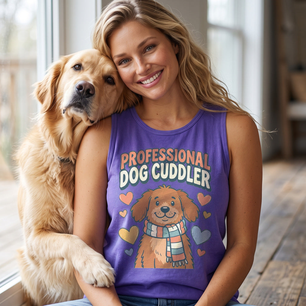 Professional Dog Cuddler Tank in violet, worn by an approved model, close lifestyle photograph