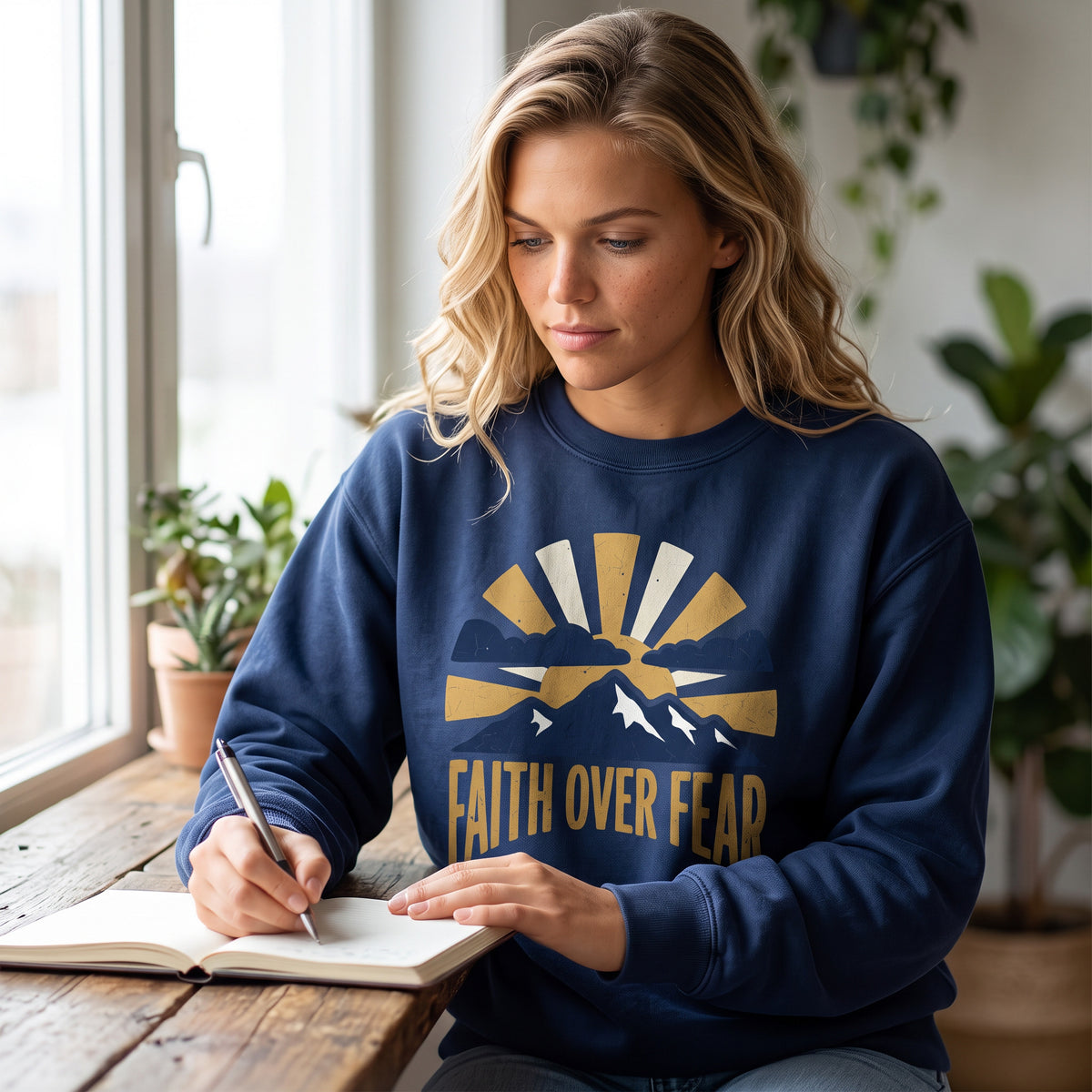 Faith Over Fear crewneck sweatshirt in true navy, worn by an approved model, close lifestyle photograph