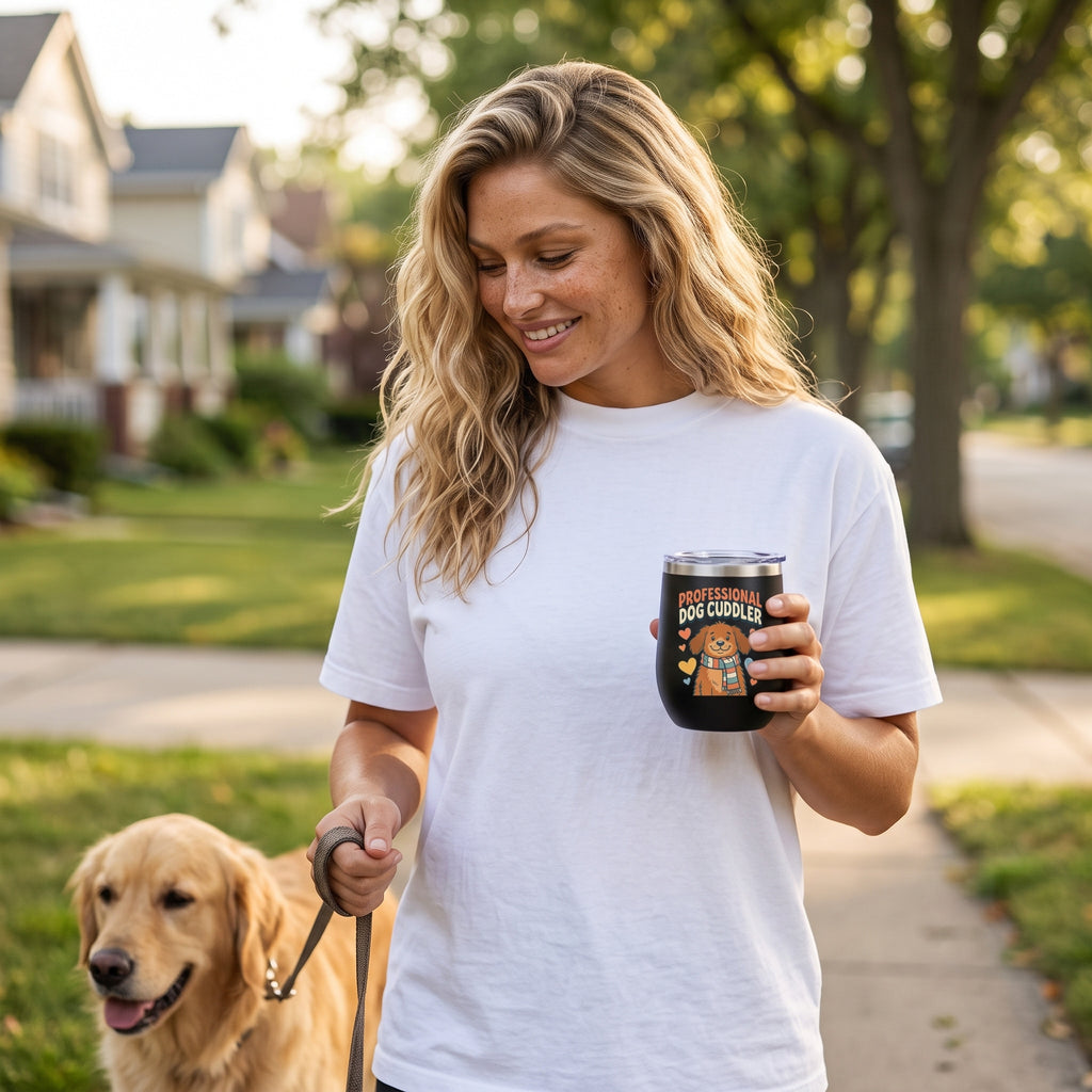 Professional Dog Cuddler 12oz insulated tumbler in black, held by an approved model, mid lifestyle photograph