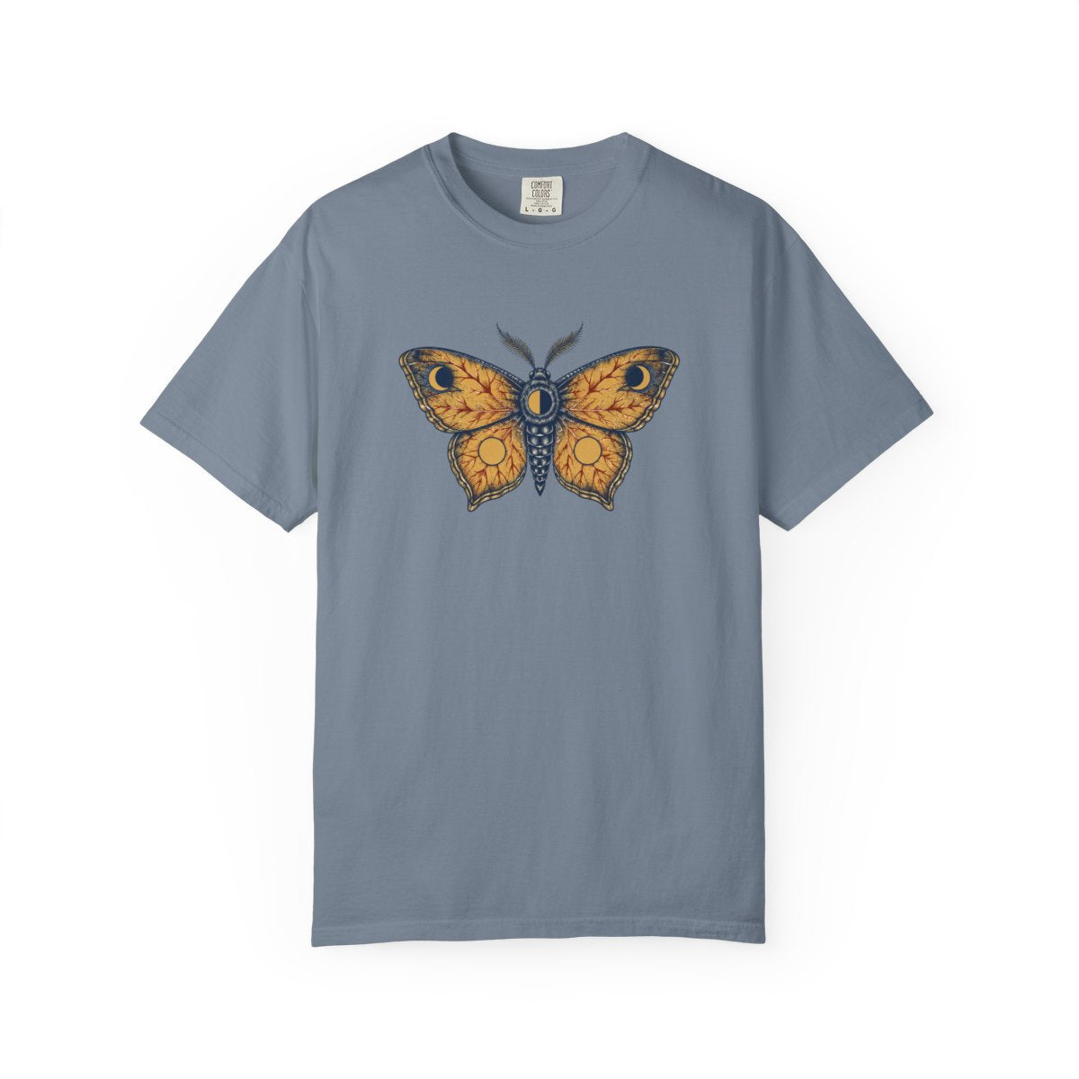 Celestial Moth design printed on a blue jean tee, front view