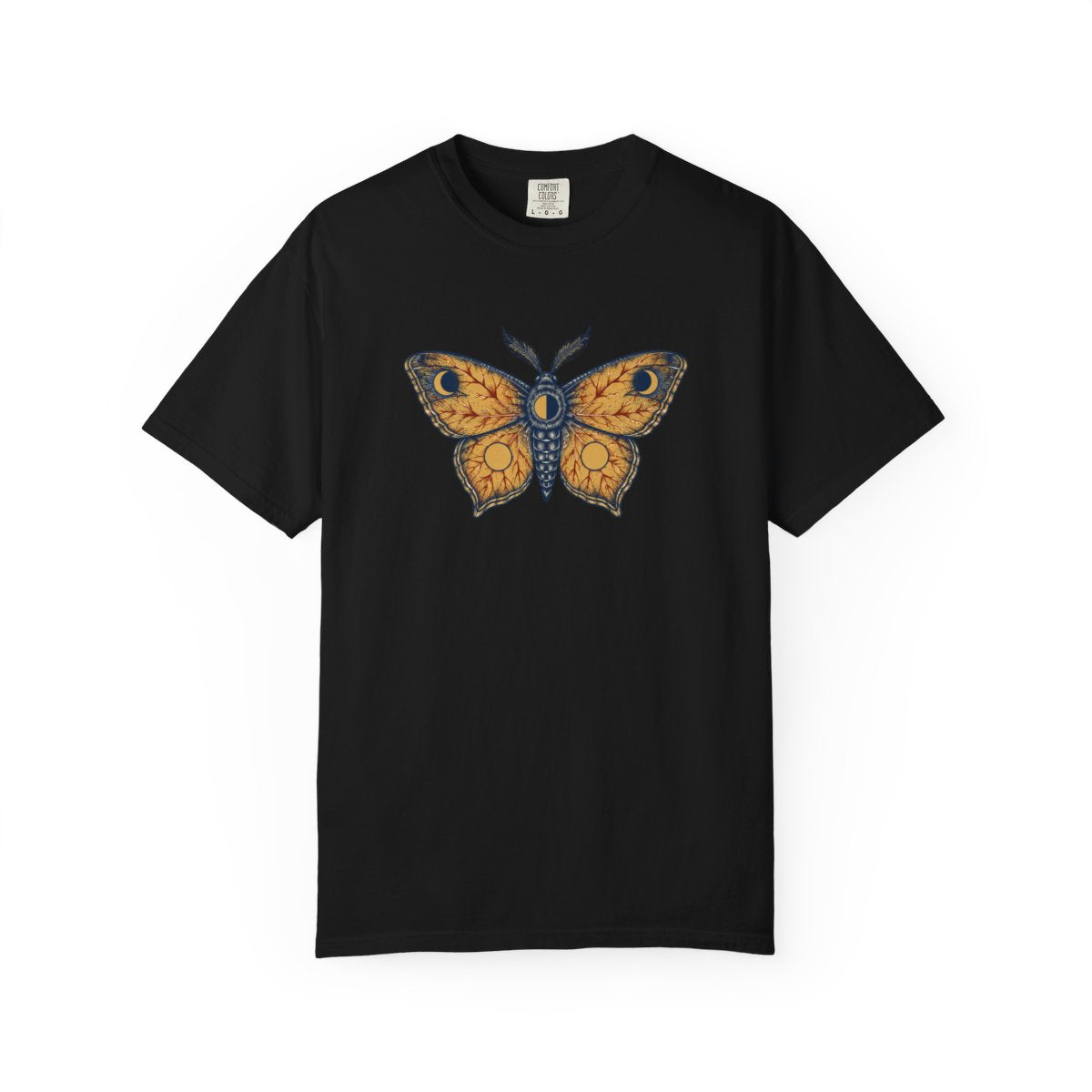 Celestial Moth design printed on a black tee, front view
