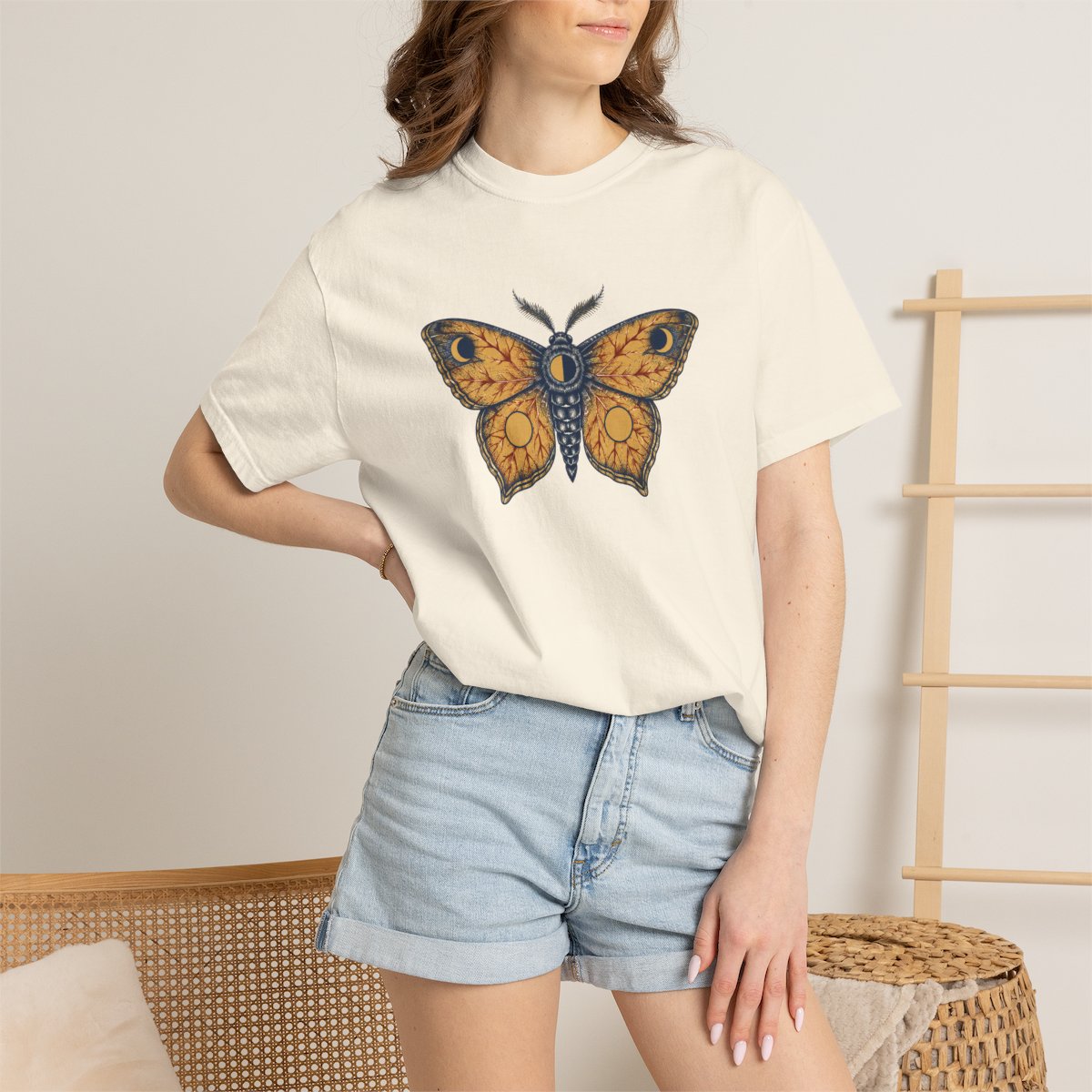 Celestial Moth tee in ivory, worn