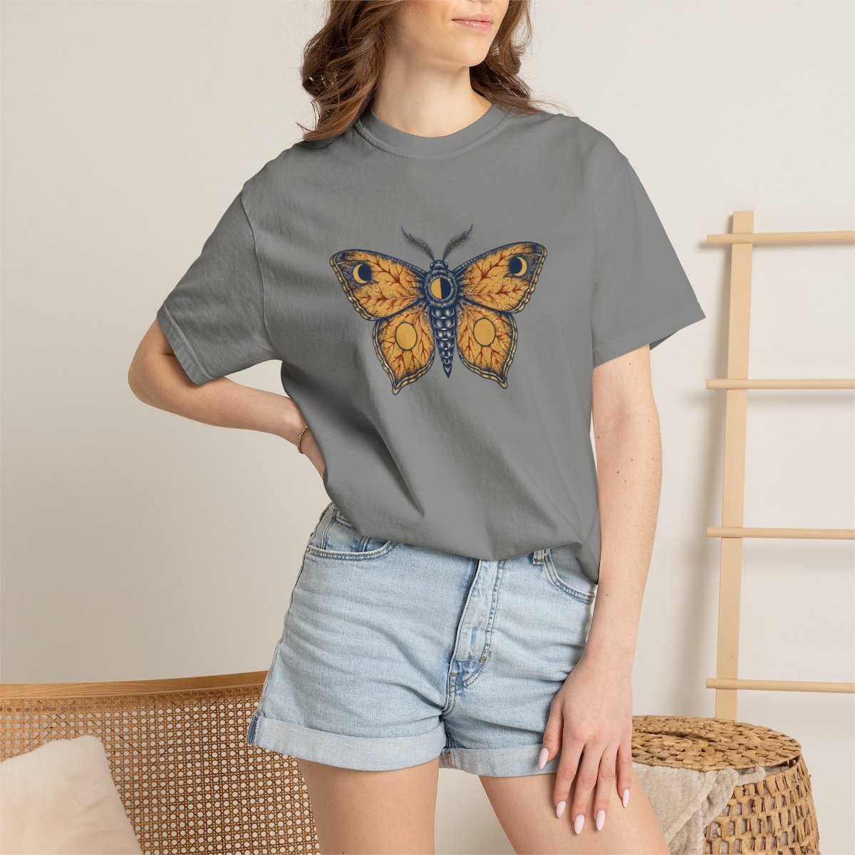 Celestial Moth tee in granite, worn