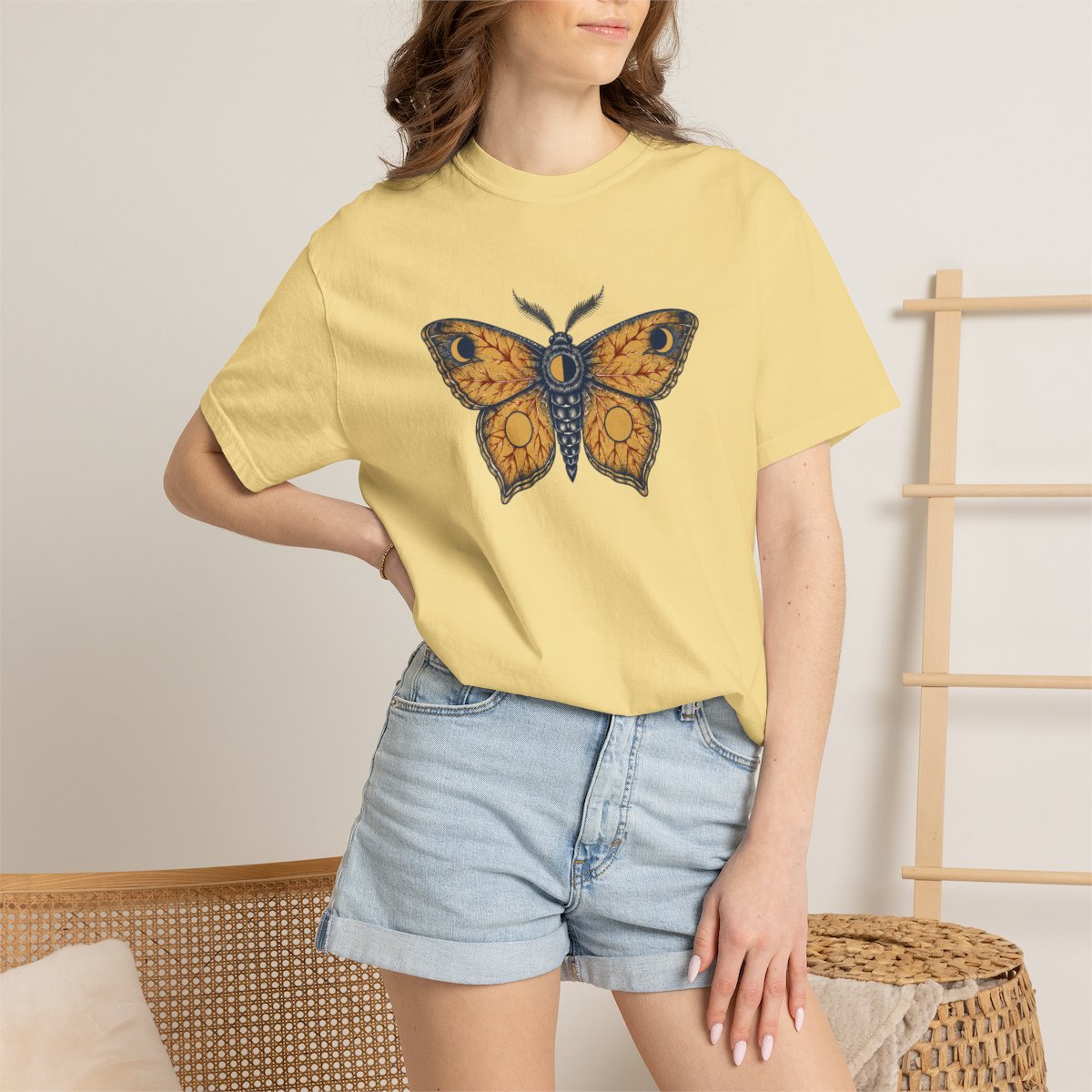 Celestial Moth tee in butter, worn