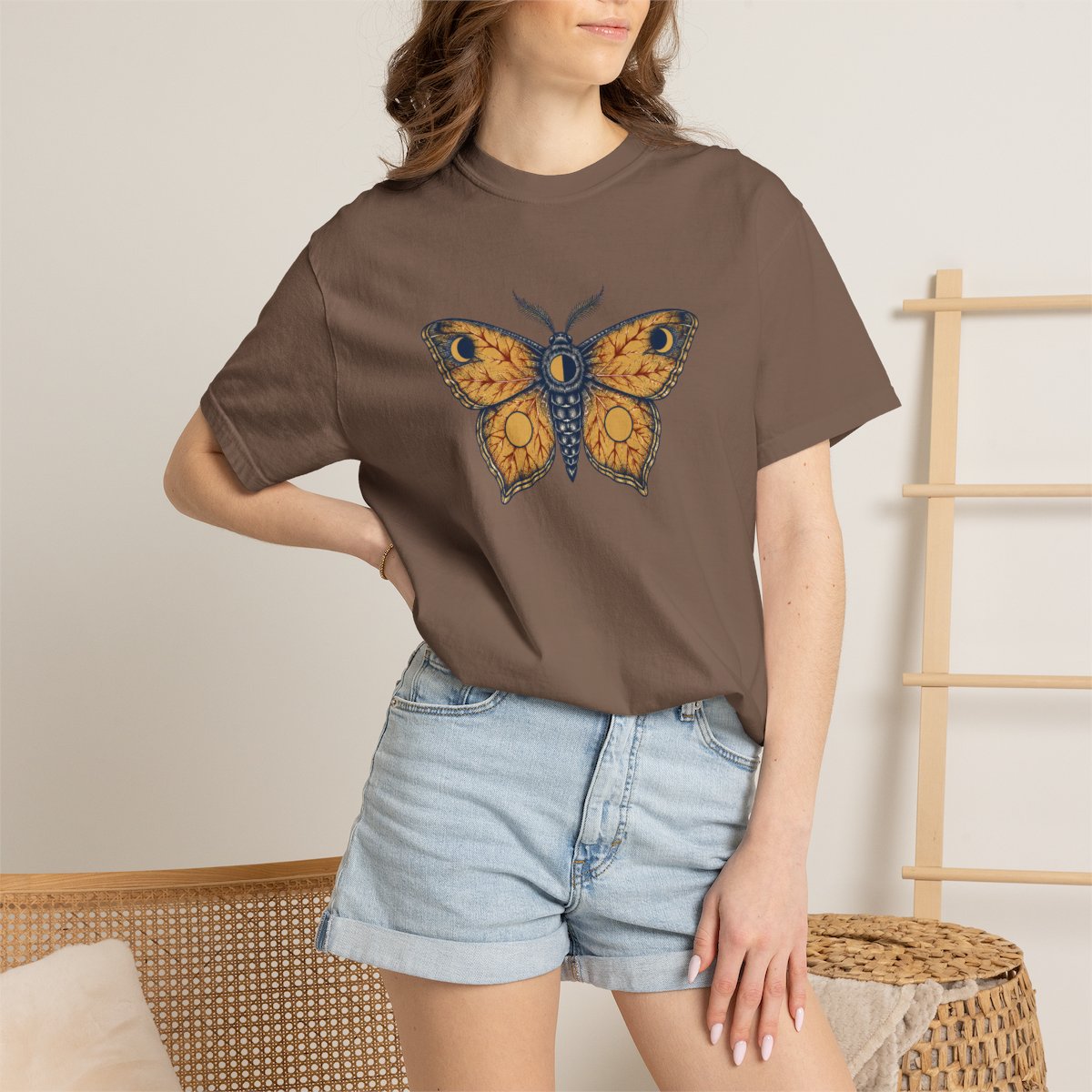 Celestial Moth tee in espresso, worn