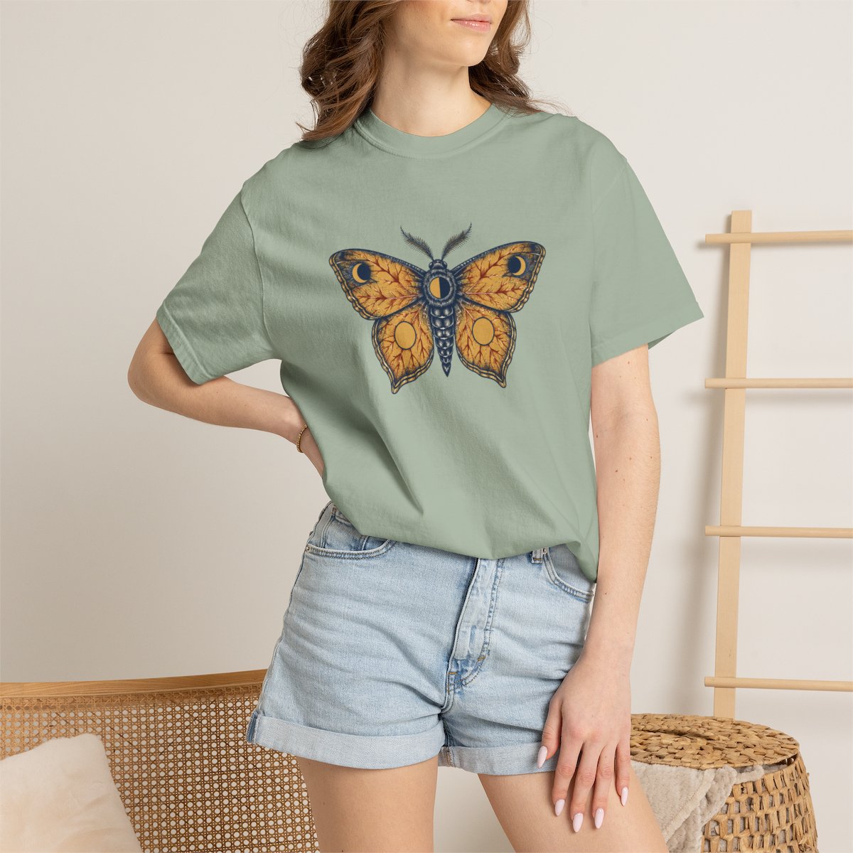 Celestial Moth tee in bay, worn