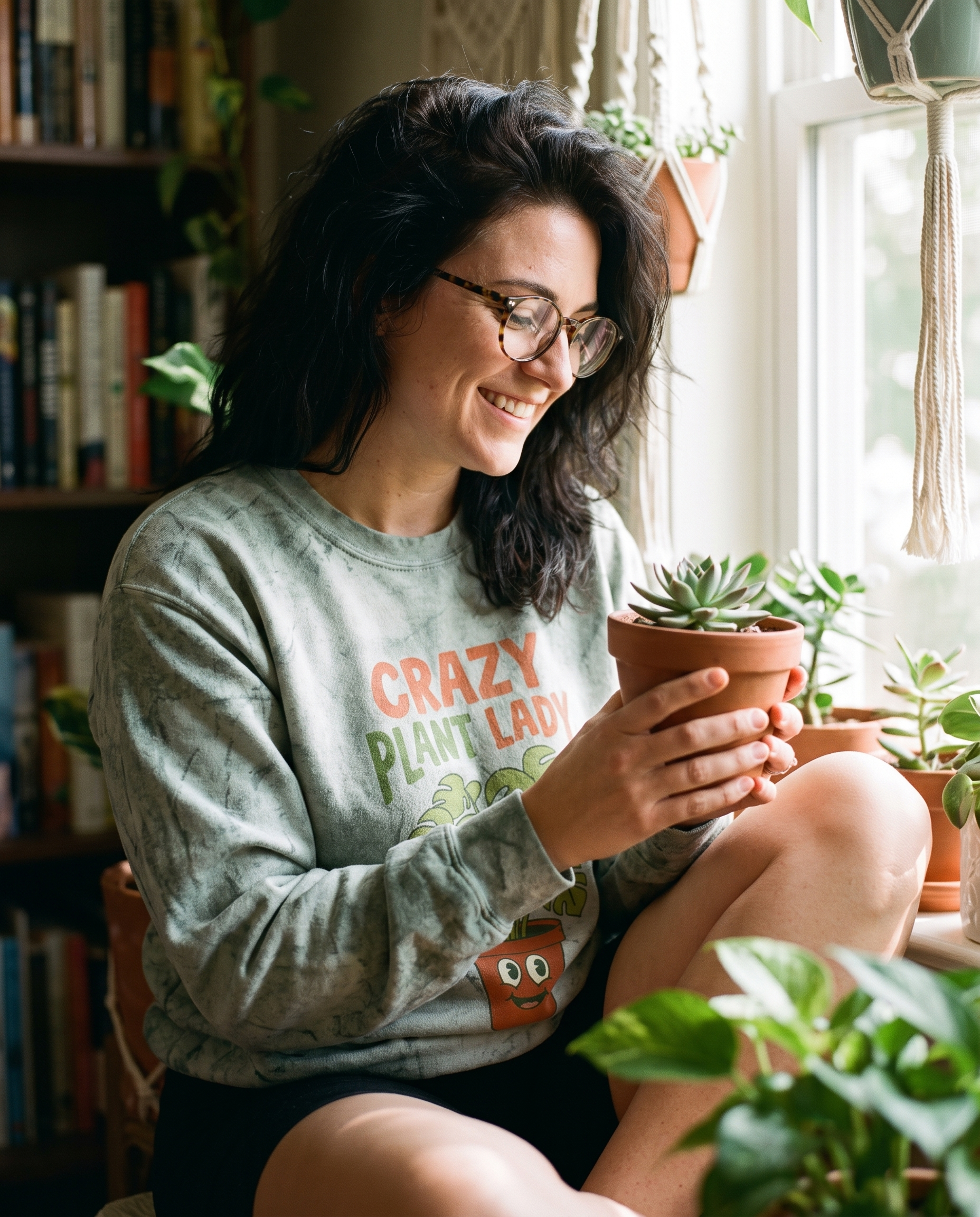 Crazy Plant Lady crewneck sweatshirt on a woman in a plant-filled reading nook