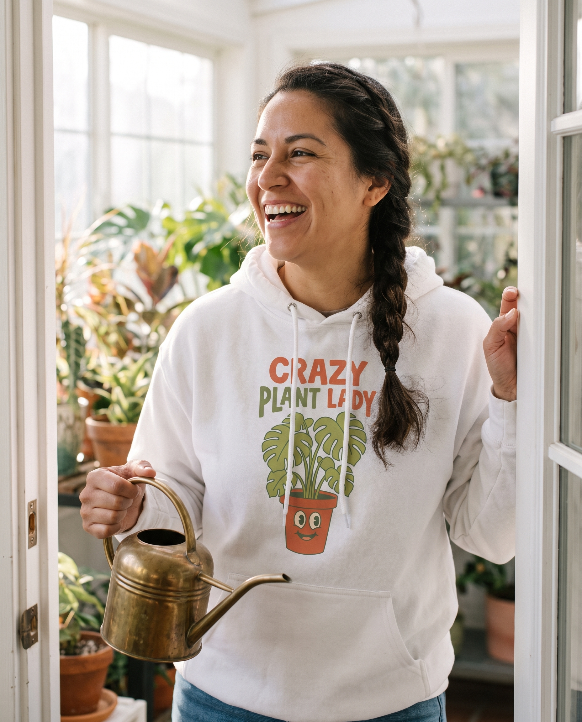 Crazy Plant Lady hoodie on a woman with a watering can in a sunlit greenhouse doorway