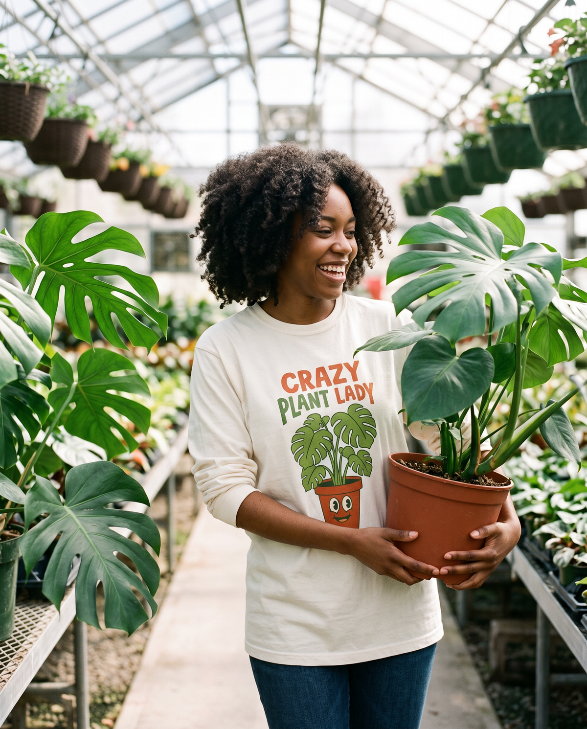 Crazy Plant Lady long sleeve tee on a woman carrying a monstera through a greenhouse
