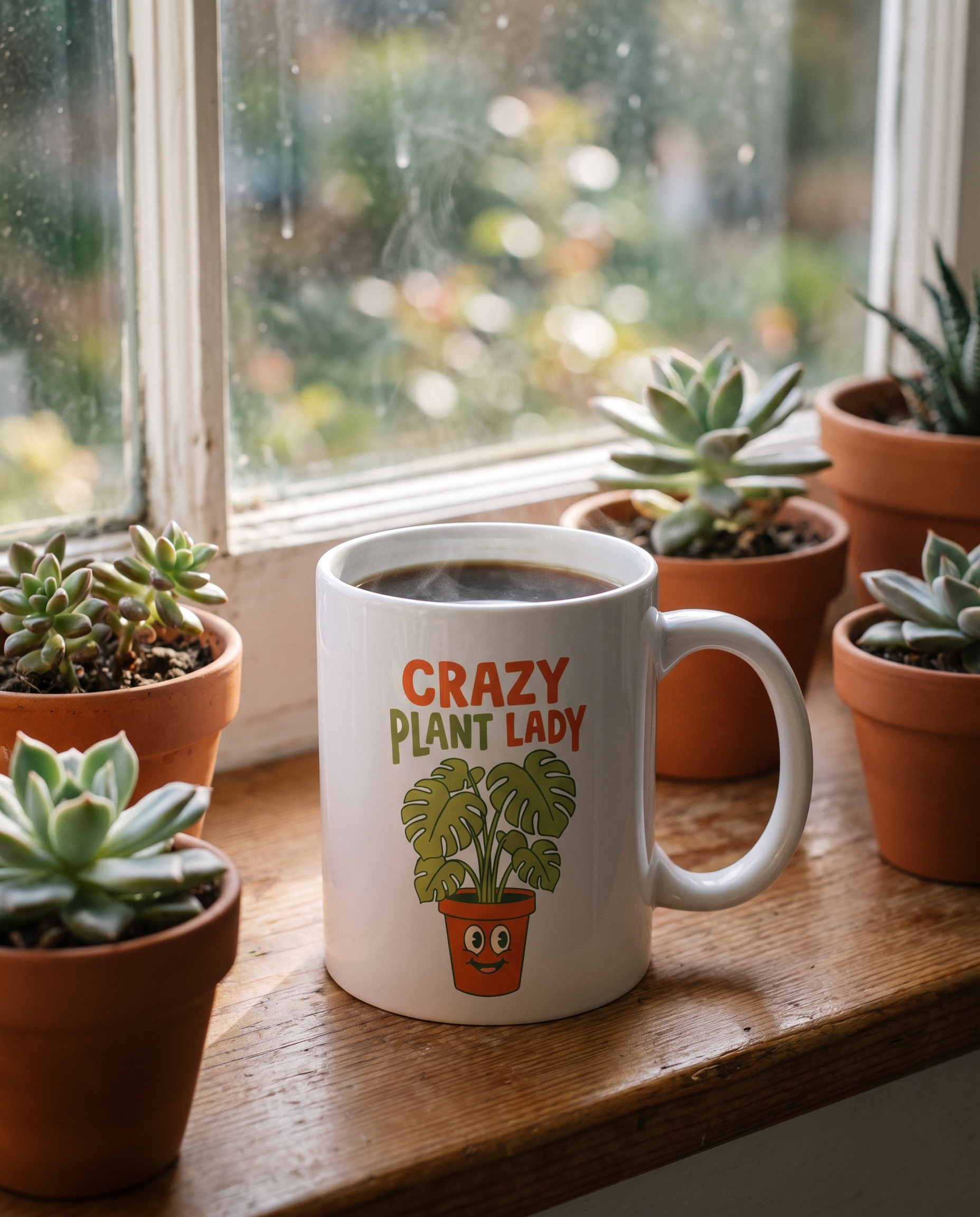 Crazy Plant Lady coffee mug steaming on a sunny windowsill of succulents