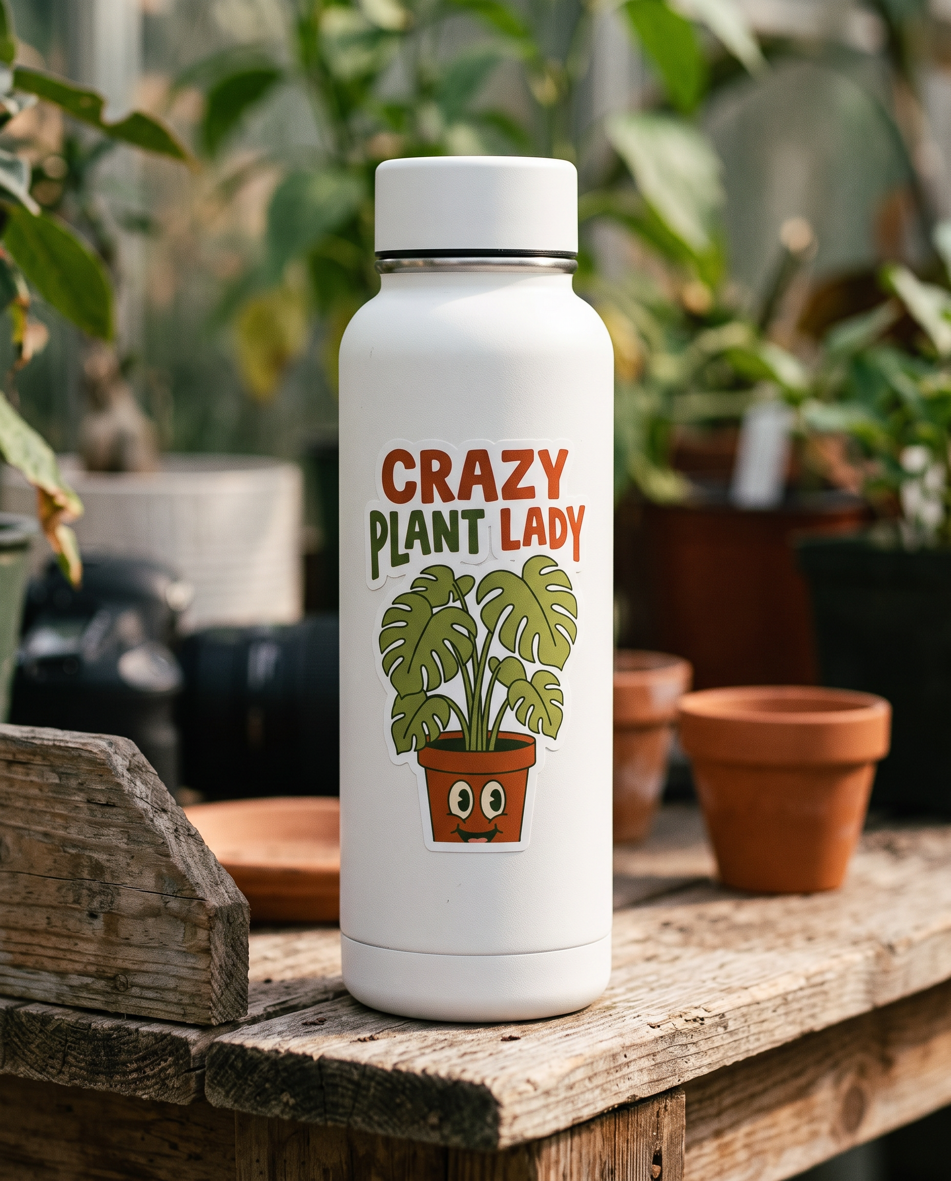 Crazy Plant Lady kiss-cut sticker on a water bottle on a greenhouse potting bench