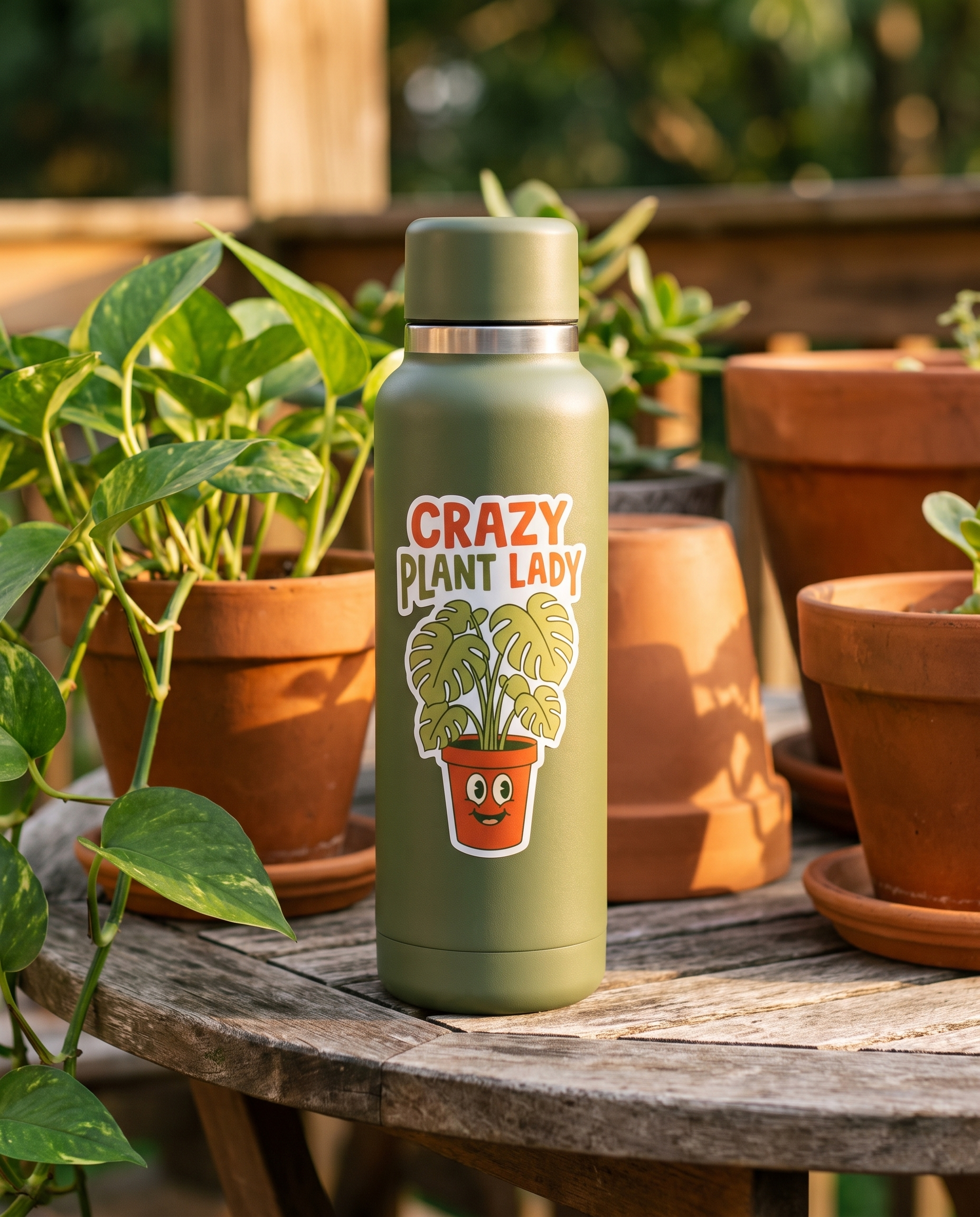Crazy Plant Lady sticker on an olive water bottle on a garden table