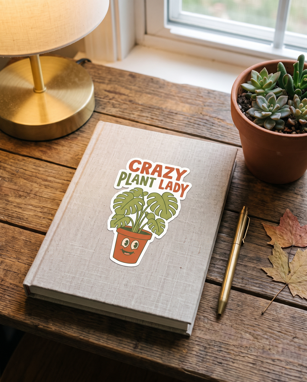 Crazy Plant Lady sticker on a linen garden journal with succulents