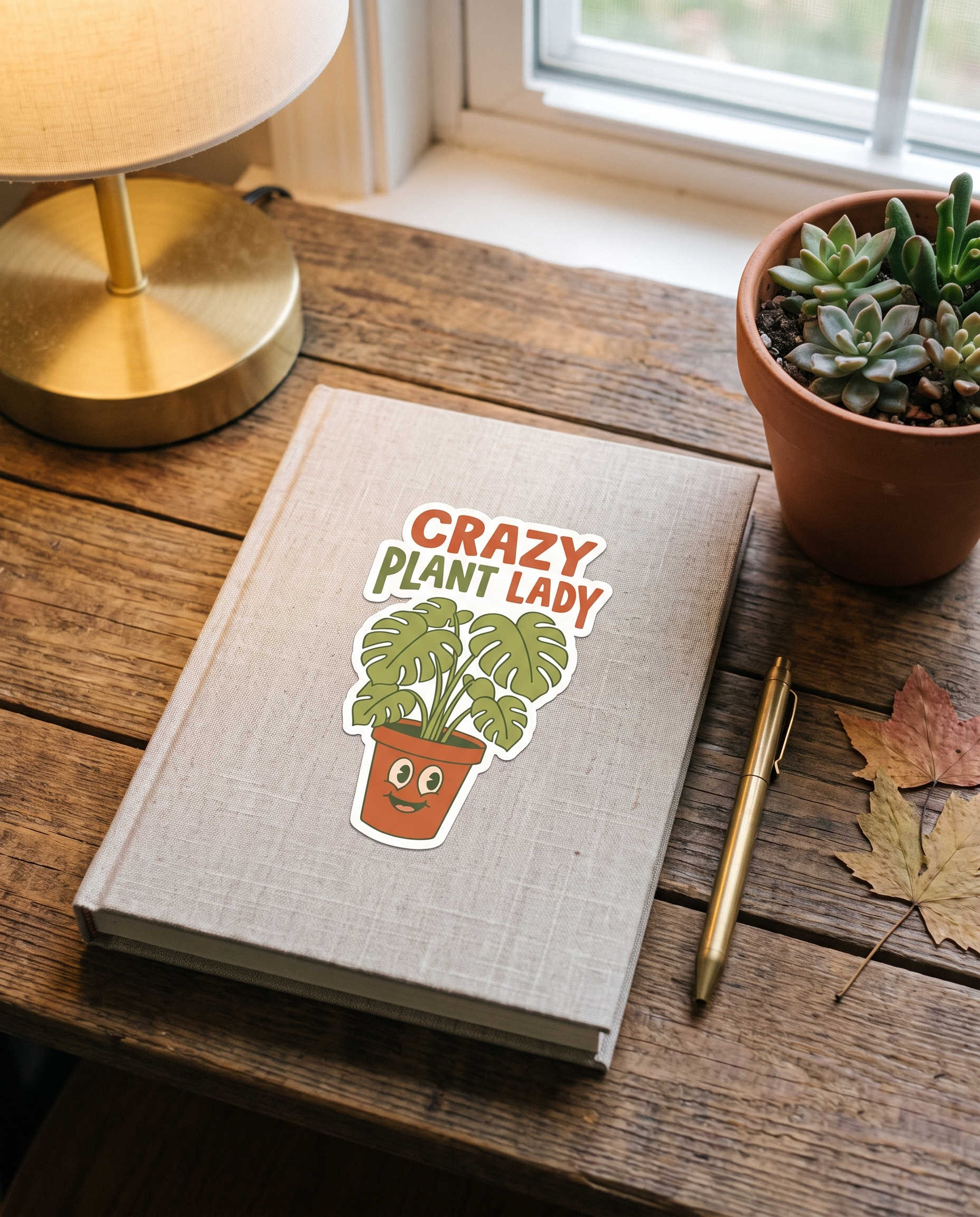 Crazy Plant Lady sticker on a linen garden journal with succulents