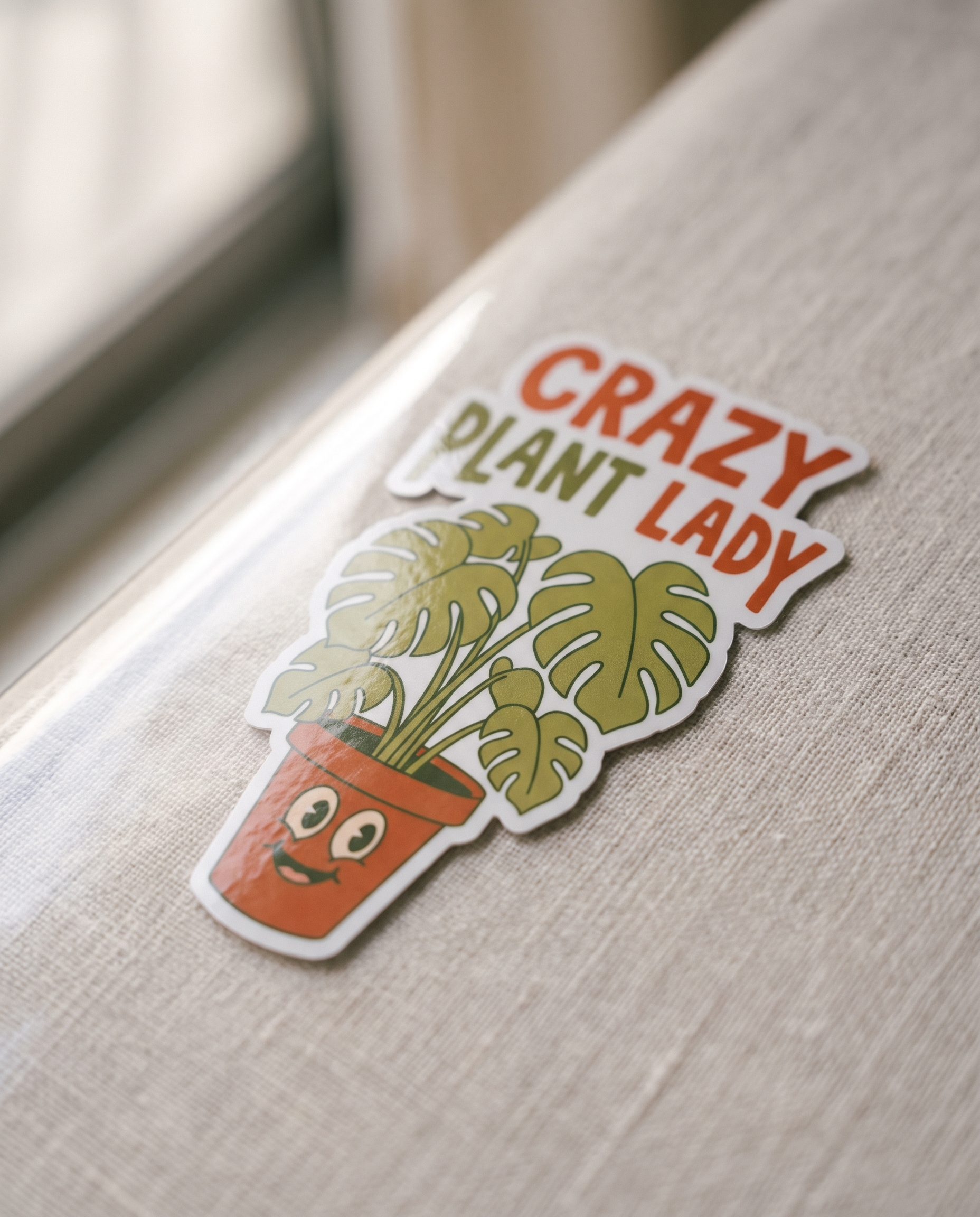 Macro detail of the Crazy Plant Lady kiss-cut vinyl sticker