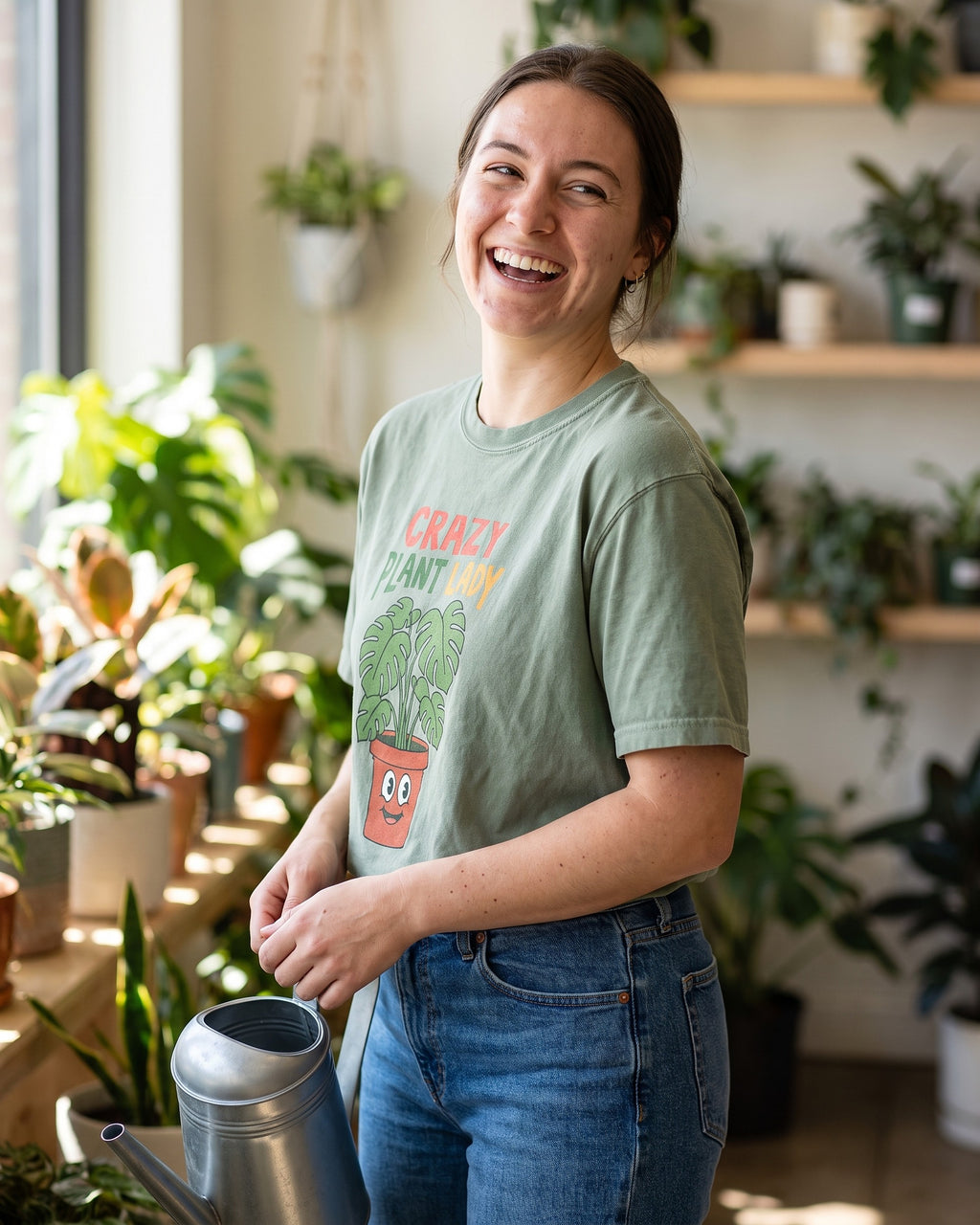 Woman with a watering can in a plant shop wearing a sage green Crazy Plant Lady tee with a monstera in a smiling terracotta pot. AI generated model imagery, no real person photographed