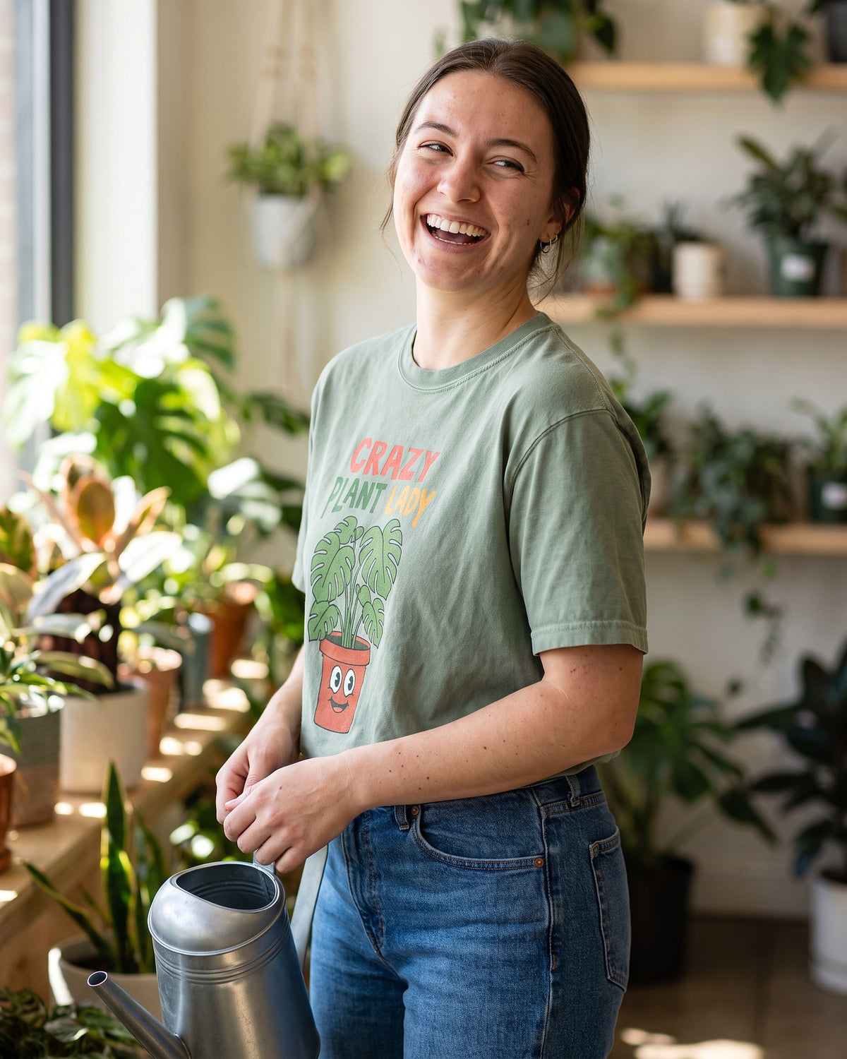 Woman with a watering can in a plant shop wearing a sage green Crazy Plant Lady tee with a monstera in a smiling terracotta pot. AI generated model imagery, no real person photographed