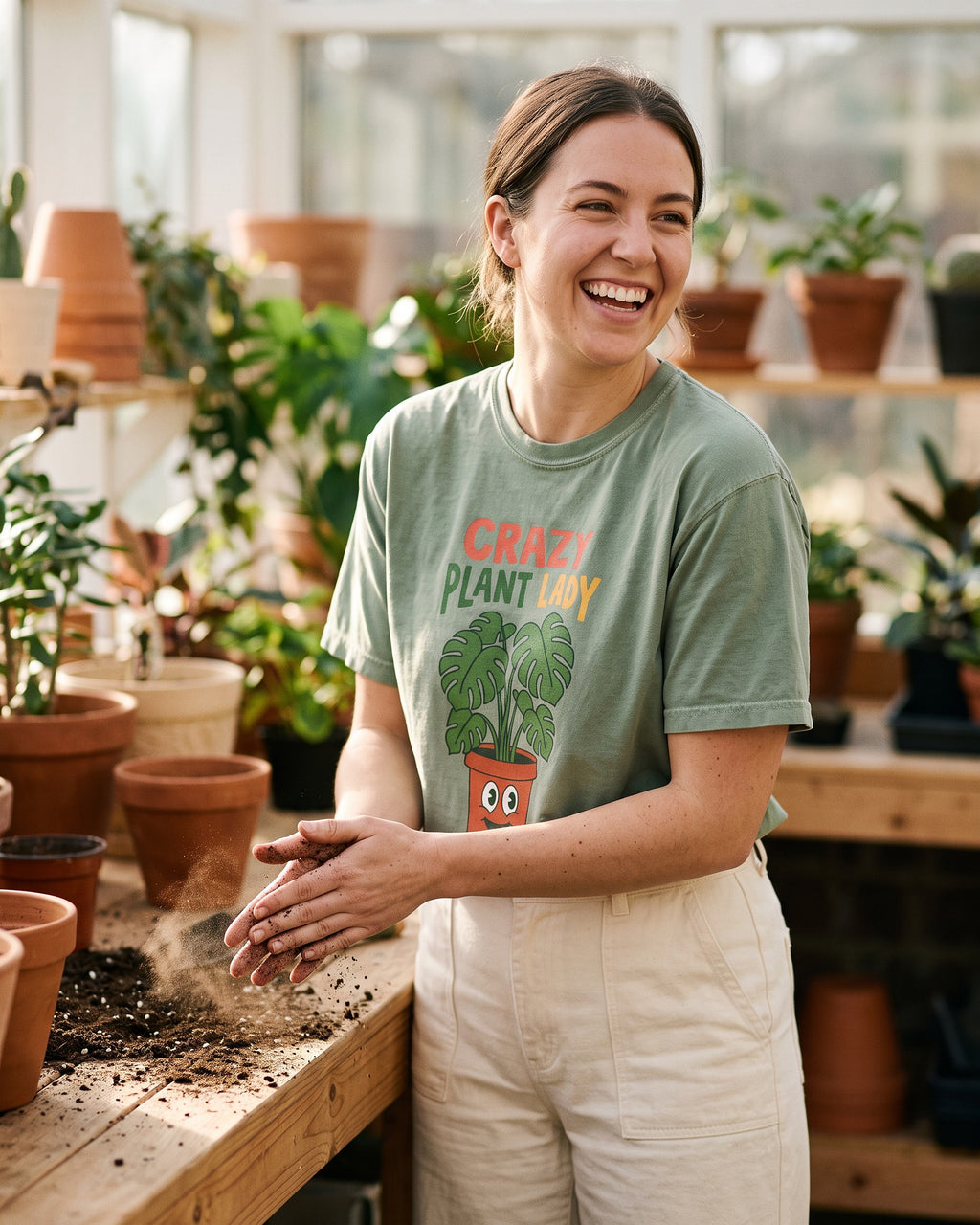 Woman laughing at a sunroom potting bench wearing a sage green Crazy Plant Lady tee, monstera in a smiling terracotta pot, shirt colour showing through the knocked out lettering. AI generated model imagery, no real person photographed