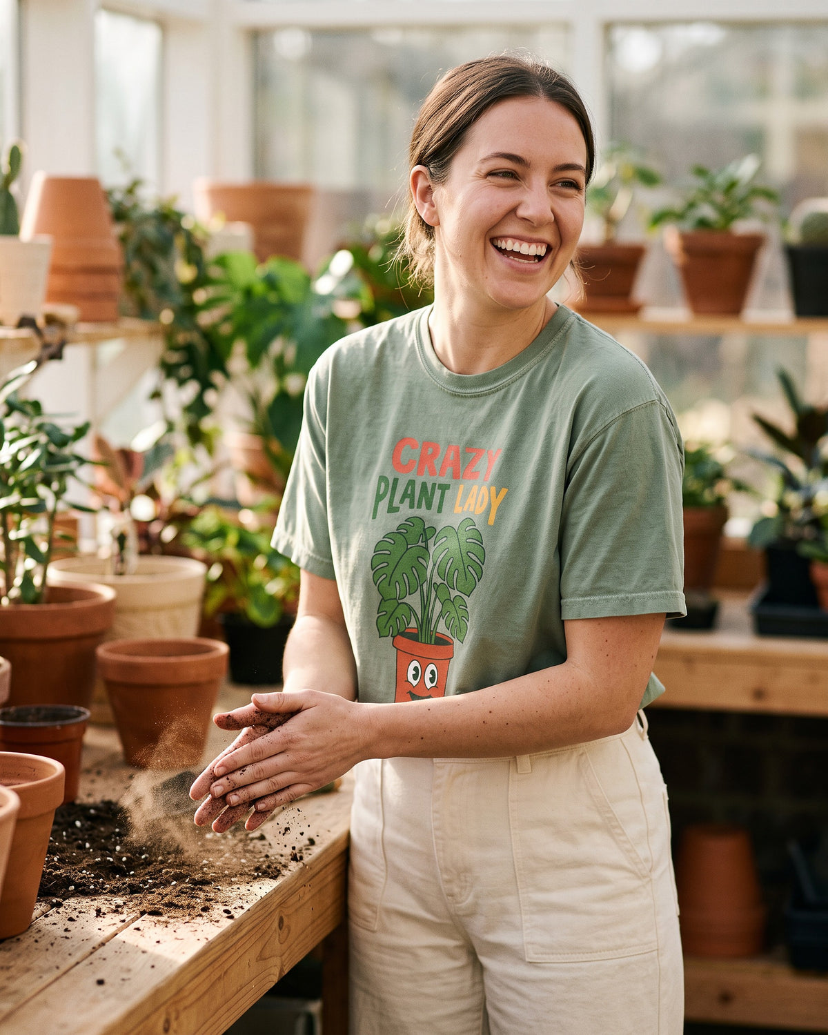 Woman laughing at a sunroom potting bench wearing a sage green Crazy Plant Lady tee, monstera in a smiling terracotta pot, shirt colour showing through the knocked out lettering. AI generated model imagery, no real person photographed