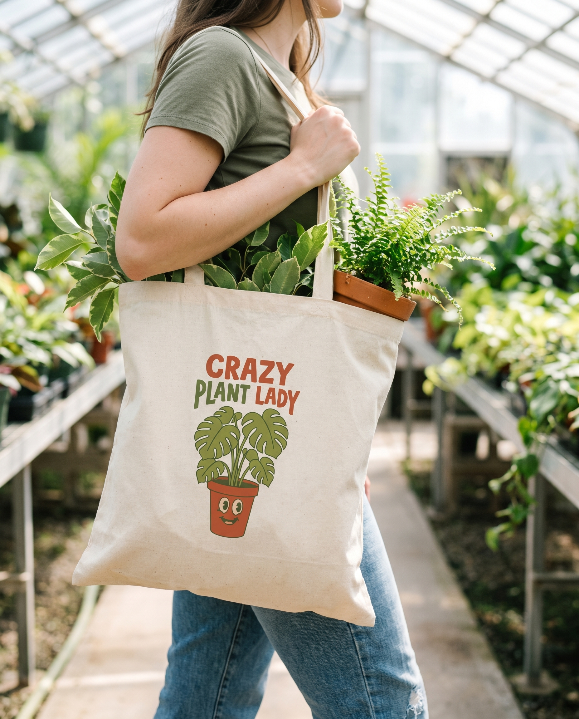 Crazy Plant Lady canvas tote full of plants carried through a greenhouse