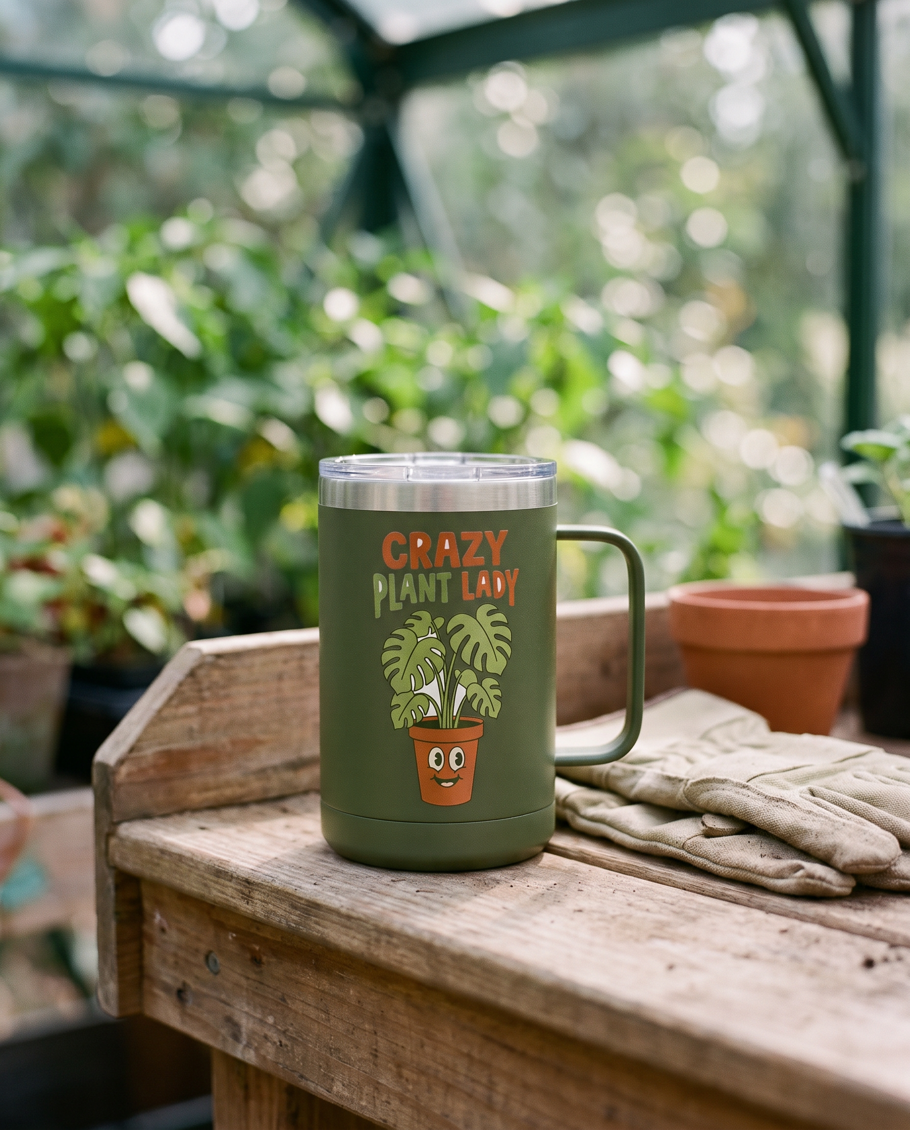 Olive green Crazy Plant Lady 15oz tumbler on a greenhouse potting bench