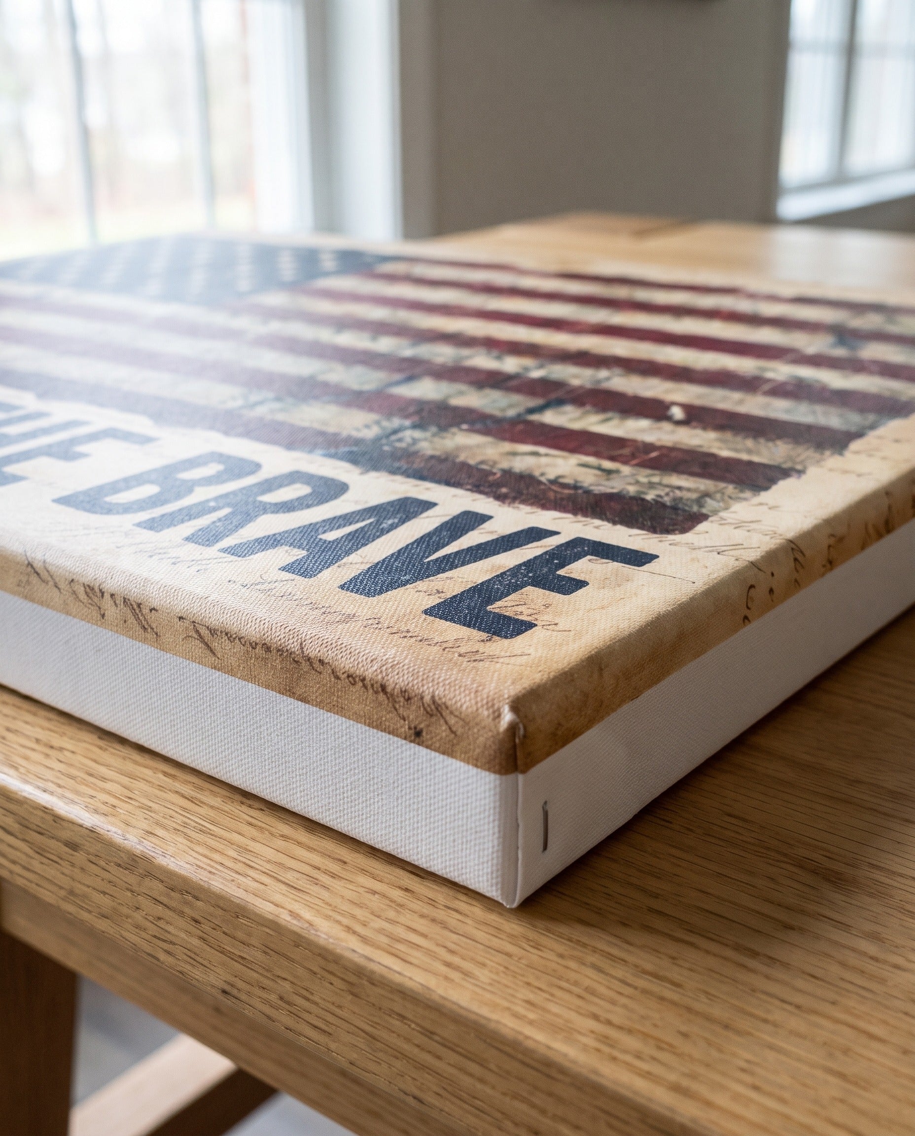 Corner detail of the flag canvas showing the parchment script print and 0.75 inch gallery wrap