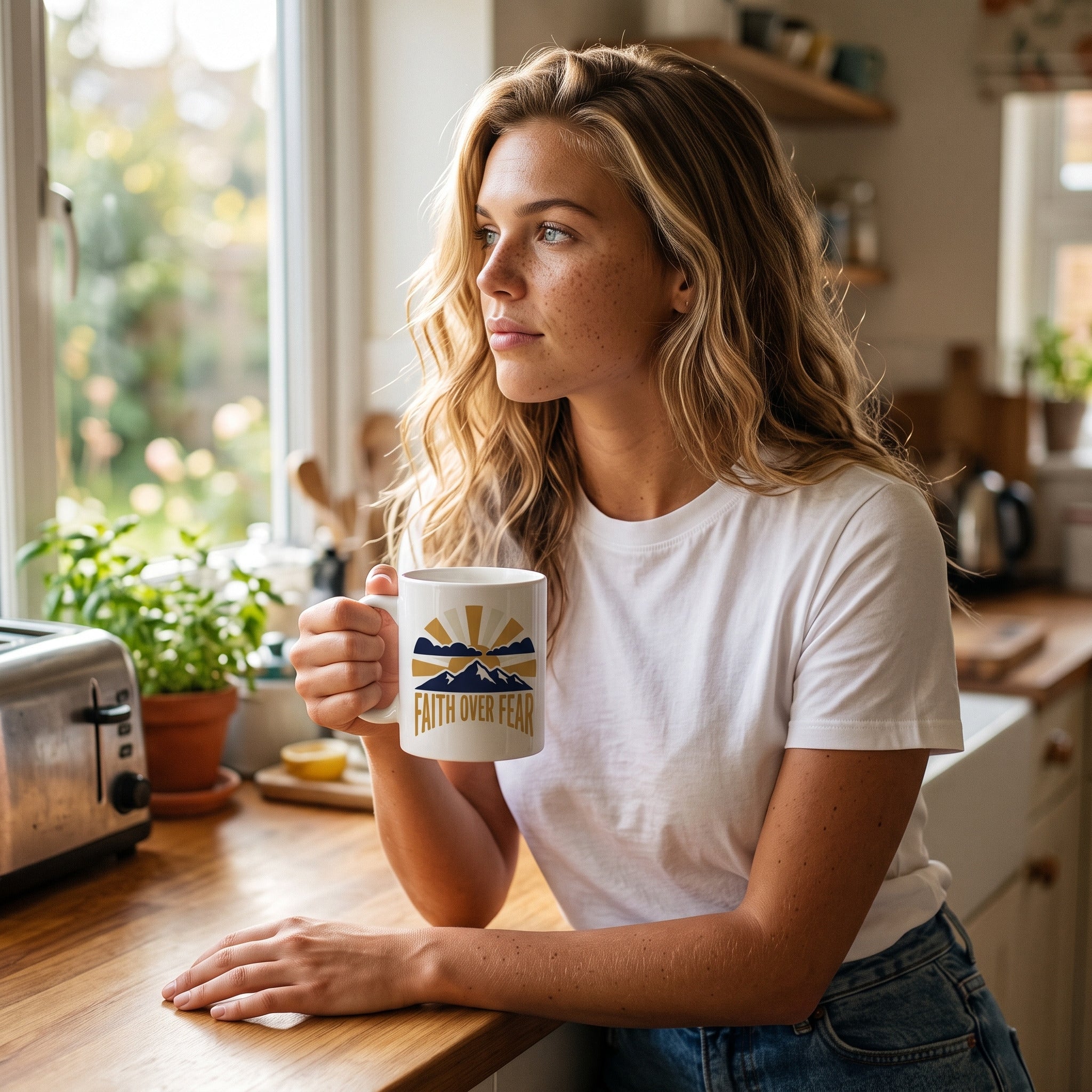 Faith Over Fear 11oz ceramic mug, held by an approved model, wide lifestyle photograph