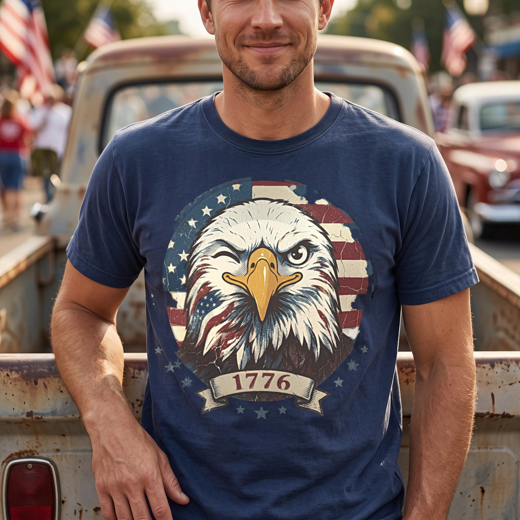 Winking 1776 Eagle tee in navy, worn by an approved model, close lifestyle photograph