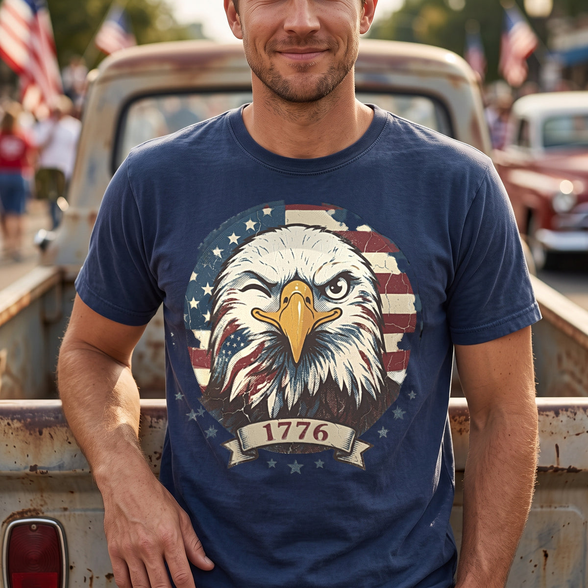 Winking 1776 Eagle tee in navy, worn by an approved model, close lifestyle photograph