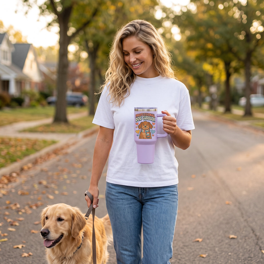 Professional Dog Cuddler 15oz insulated mug in light purple, held by an approved model, mid lifestyle photograph