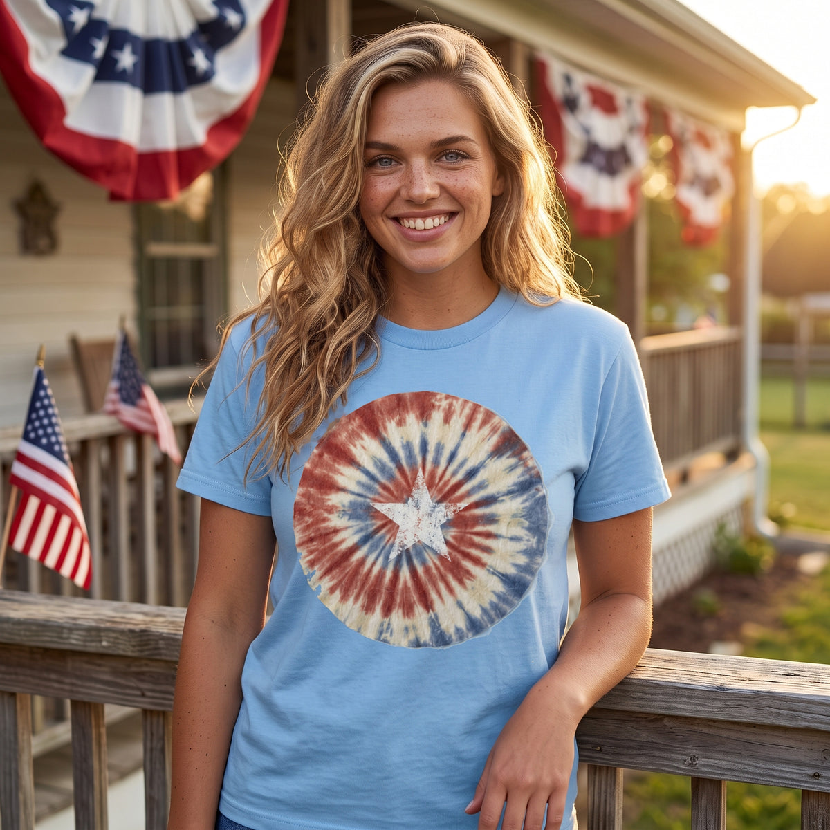 Tie-Dye Stars & Stripes tee in carolina blue, worn by an approved model, wide lifestyle photograph