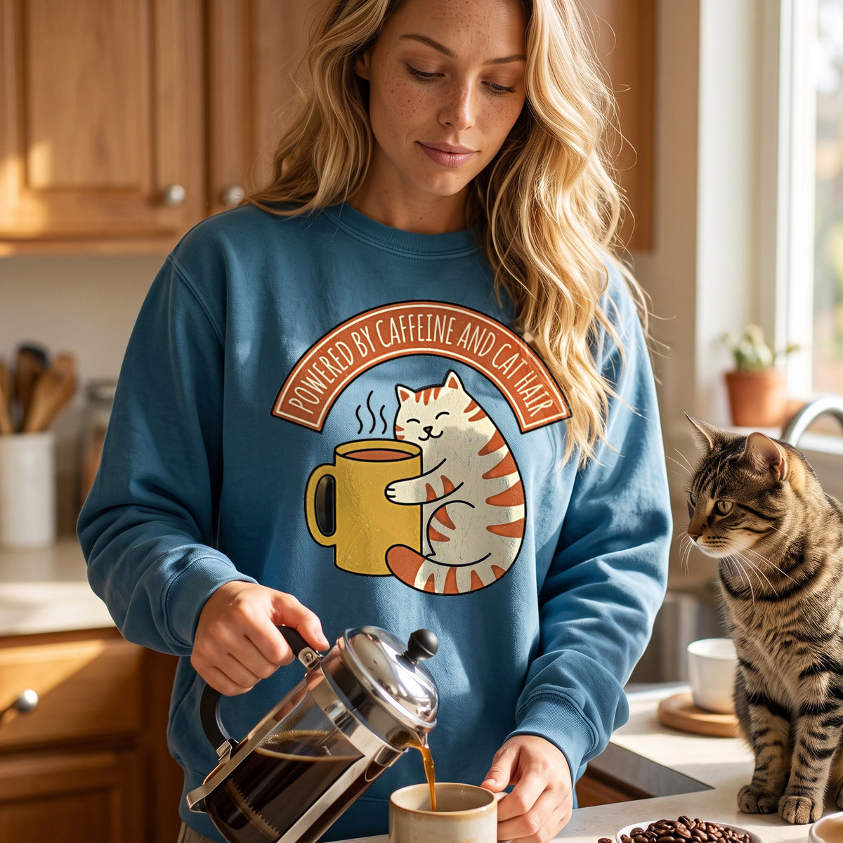 Cat Coffee Powered by Caffeine crewneck sweatshirt in ocean, worn by an approved model, close lifestyle photograph