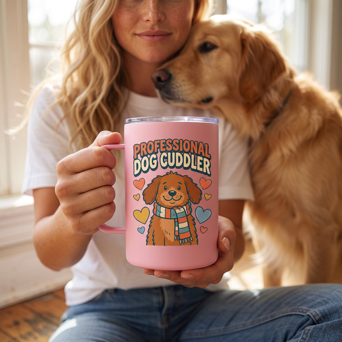 Professional Dog Cuddler 15oz insulated mug in pink, held by an approved model, close lifestyle photograph