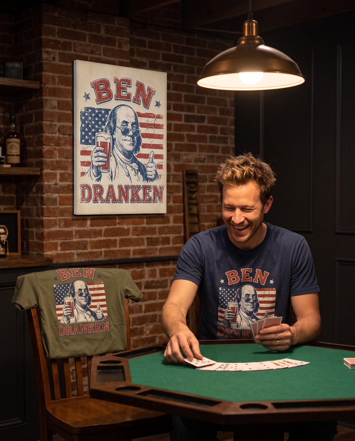 Ben Dranken tee worn at a basement card table with the Ben Dranken canvas on the brick wall behind