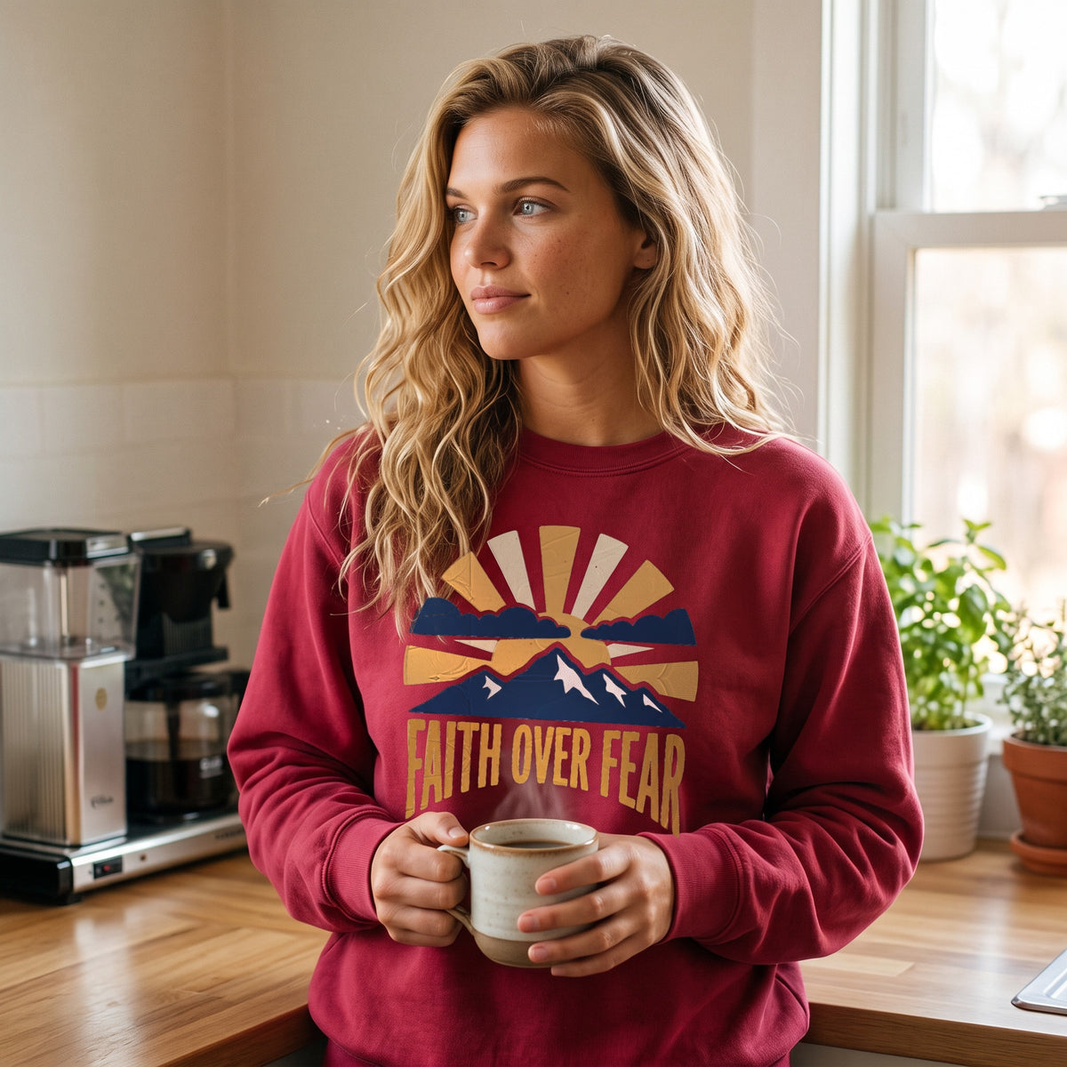 Faith Over Fear crewneck sweatshirt in crimson, worn by an approved model, wide lifestyle photograph
