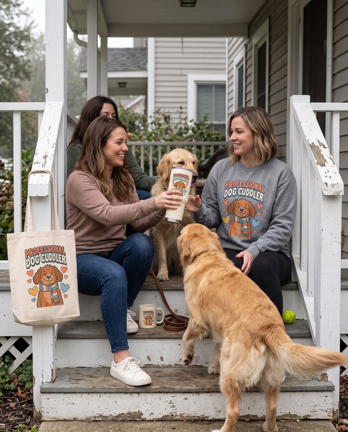 Professional Dog Cuddler tumbler shared on a front porch with two dogs, alongside the crewneck, mug and tote