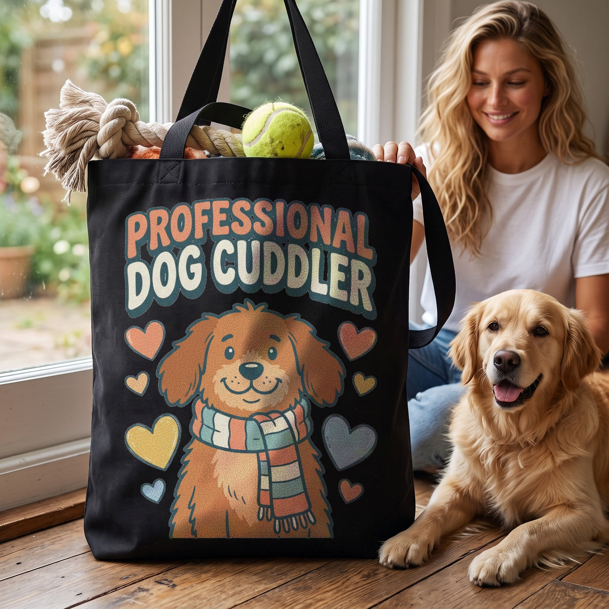 Professional Dog Cuddler Canvas Tote Bag in black, worn by an approved model, close lifestyle photograph