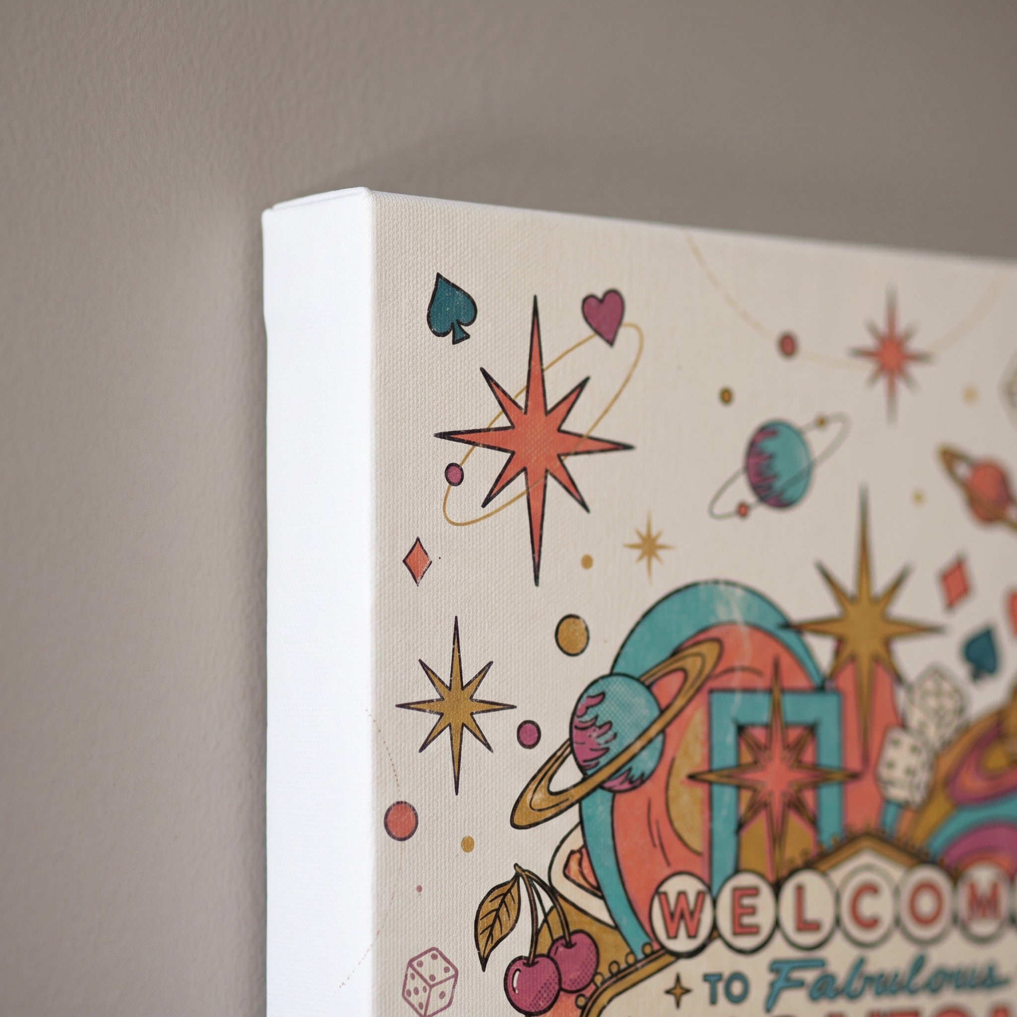 Corner detail of the retro casino canvas showing the 0.75 inch gallery wrap