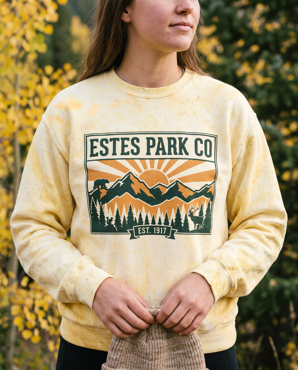 Estes Park CO Hidden Wildlife crewneck among aspens