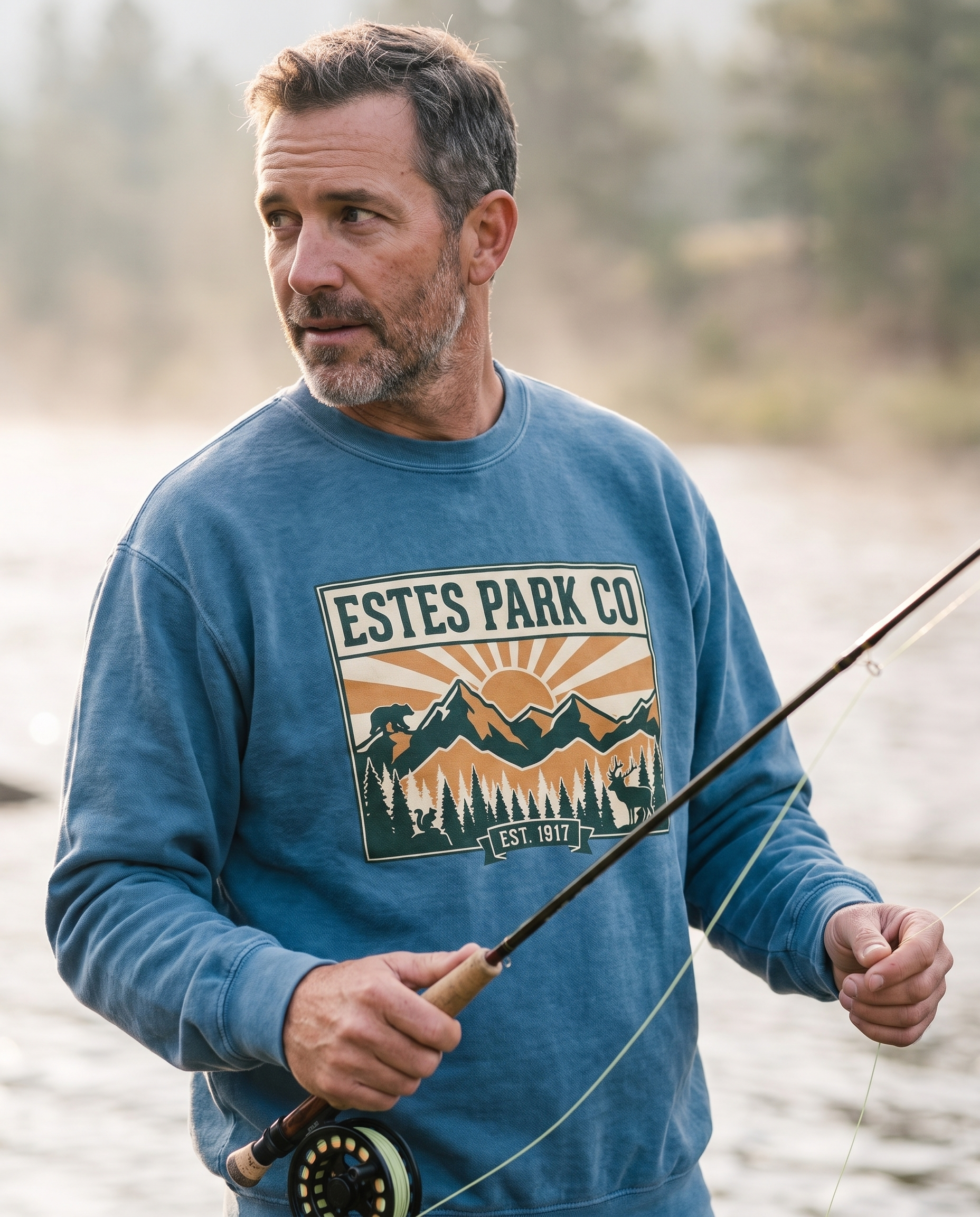Ocean Estes Park CO hidden wildlife crewneck fly fishing a mountain river