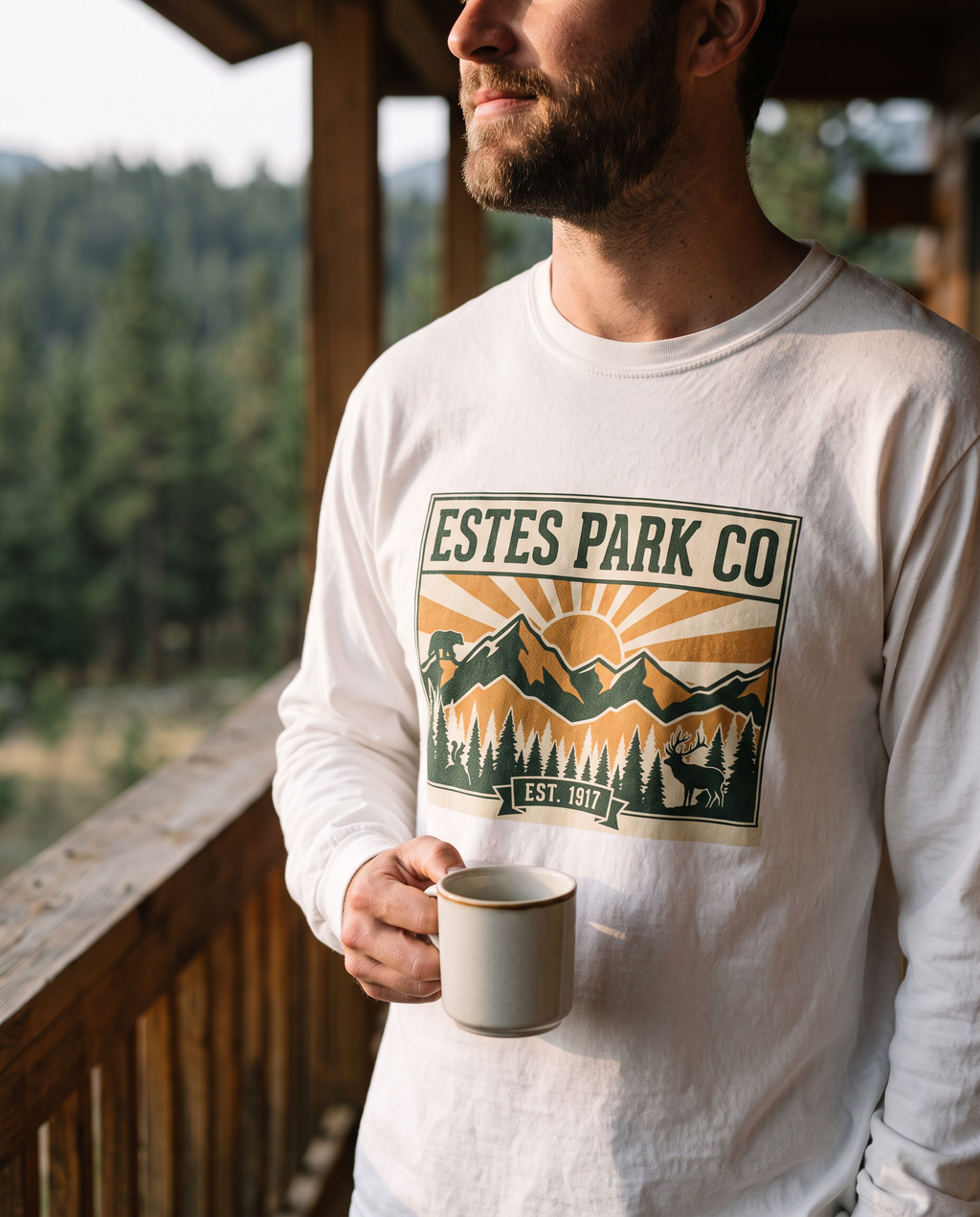Estes Park CO Hidden Wildlife long sleeve on a cabin porch