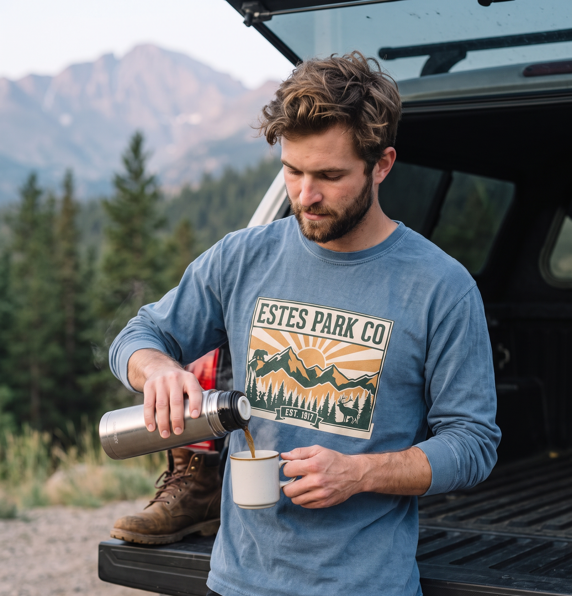 Blue Jean Estes Park CO hidden wildlife long sleeve tee pouring thermos coffee at a mountain pullout