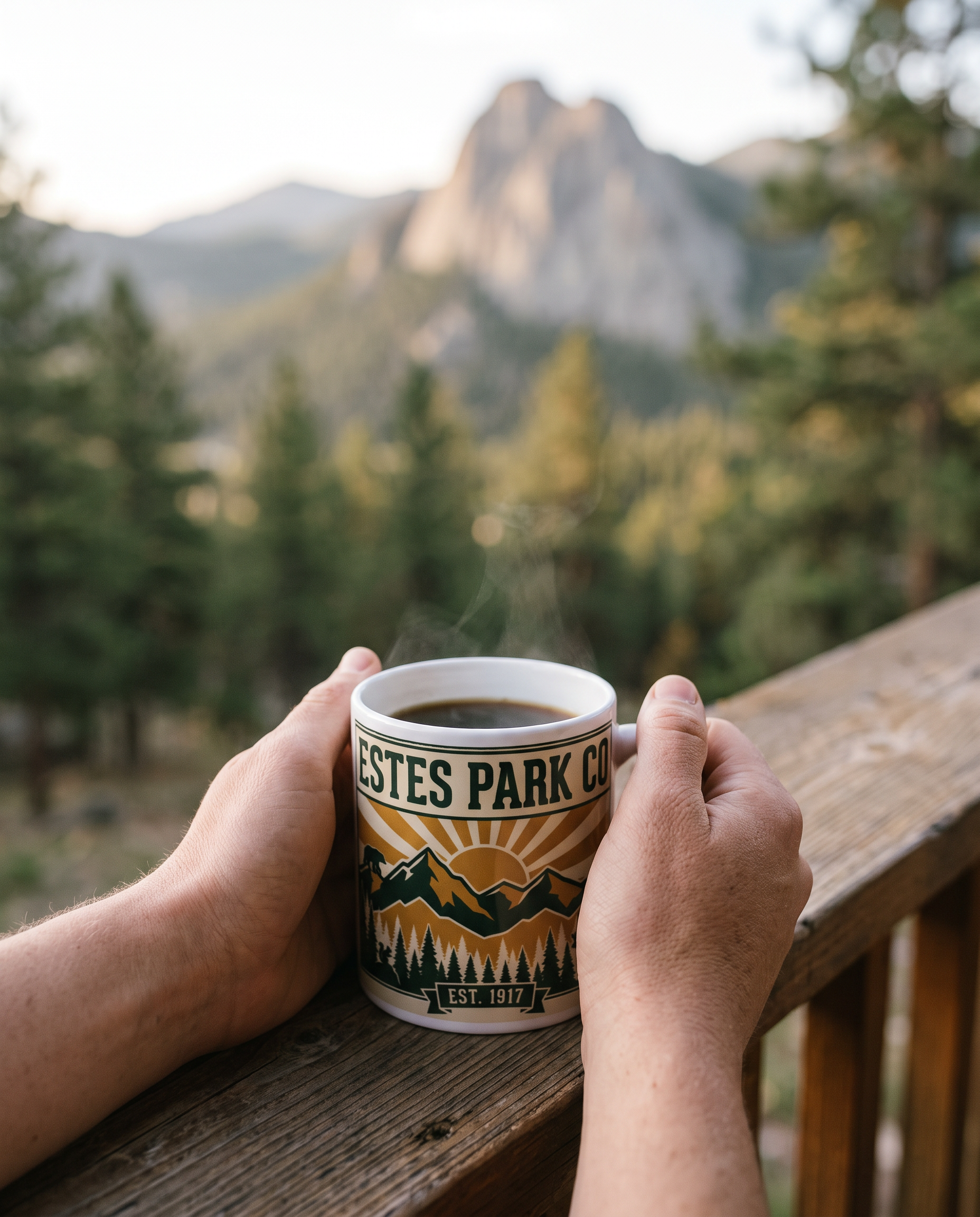 Estes Park CO Hidden Wildlife mug on a cabin porch