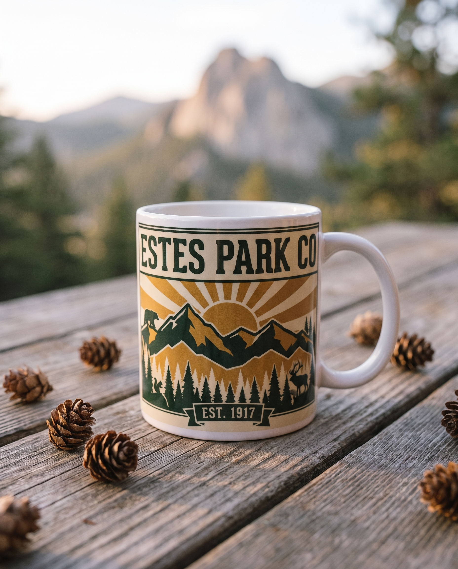 Estes Park CO hidden wildlife coffee mug at golden hour with pinecones on weathered barnwood