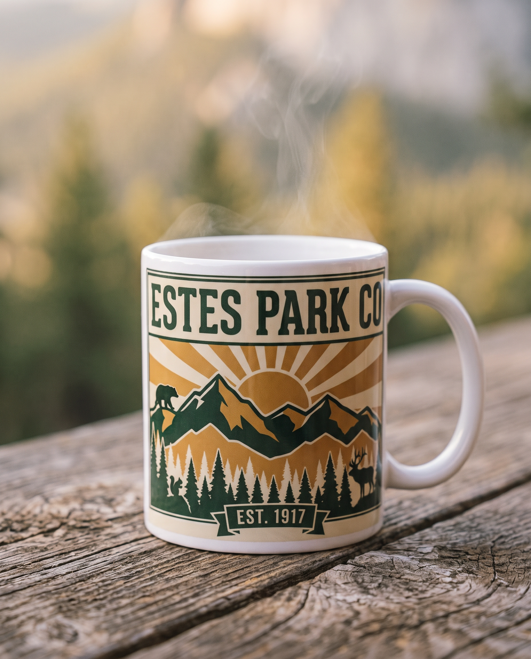 Estes Park CO hidden wildlife mug close-up with steam on a rustic wood table, bear elk and squirrel badge, EST. 1917