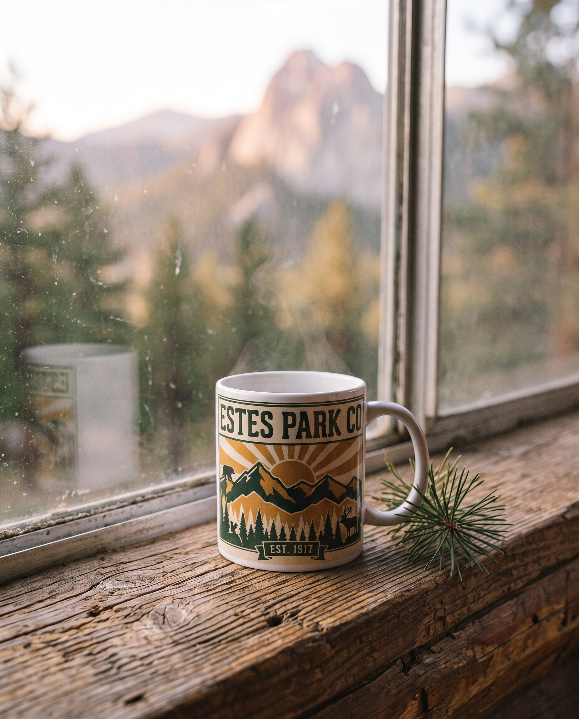 Estes Park CO hidden wildlife 11oz mug steaming on a log cabin windowsill with Rocky Mountain views
