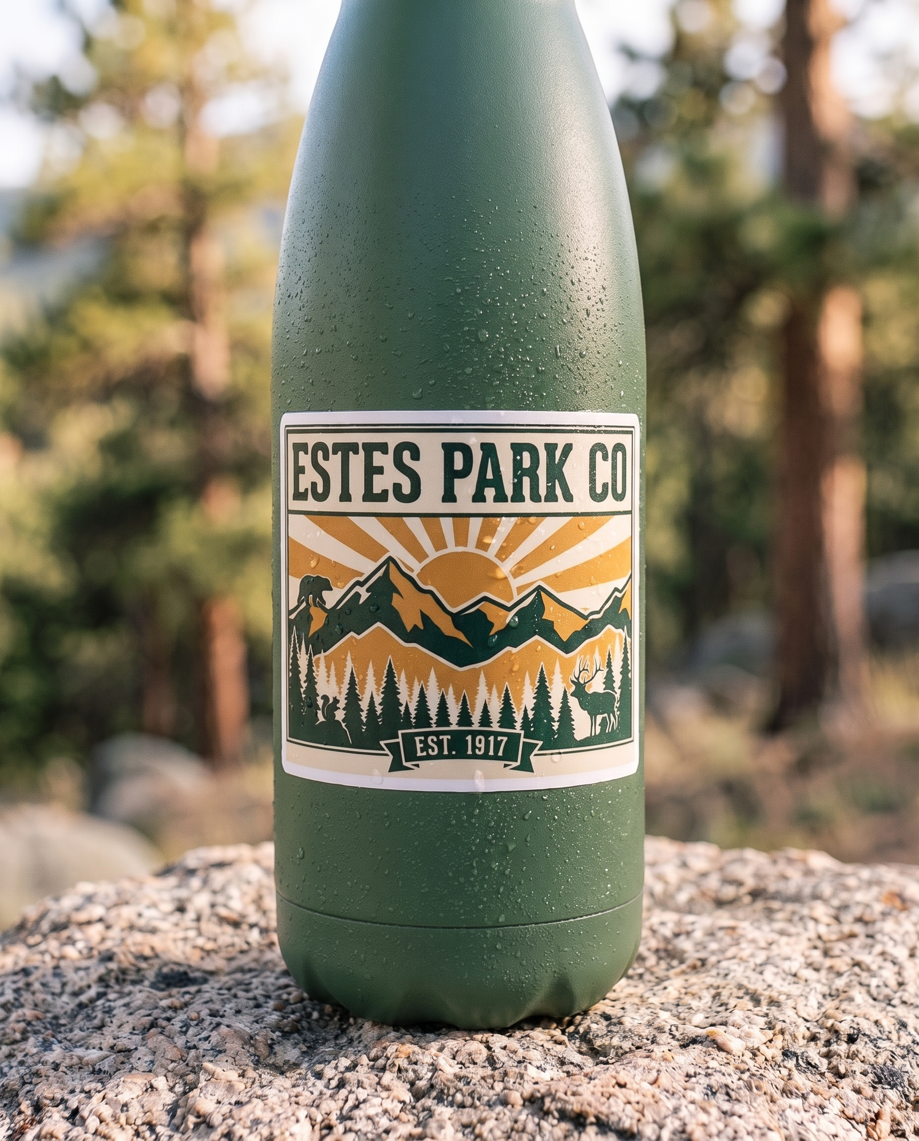Estes Park CO hidden wildlife sticker close-up on a green water bottle, bear elk and squirrel badge, EST. 1917